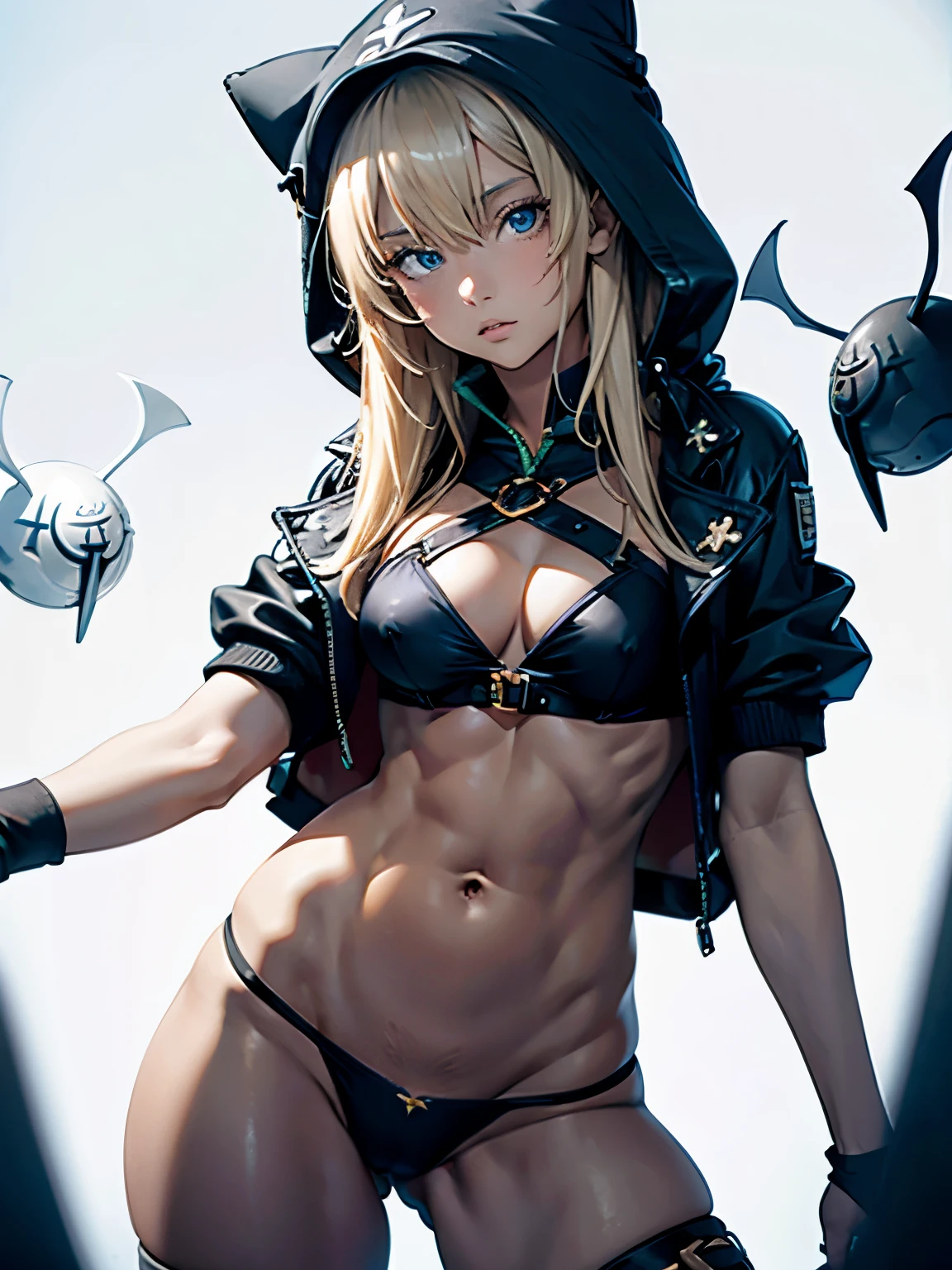 obra de arte, melhor qualidade, {melhor qualidade}, {{obra de arte}}, {alta resolução}, 1girls, abs, blonde hair, blue eyes, bottomless, breasts, choker, clitoral, hood, clitoris, jacket, large breasts, leaning back, long labia, looking at viewer, navel, parted lips, pussy, scar, scar on face, simple background, solo, thick thighs, white background