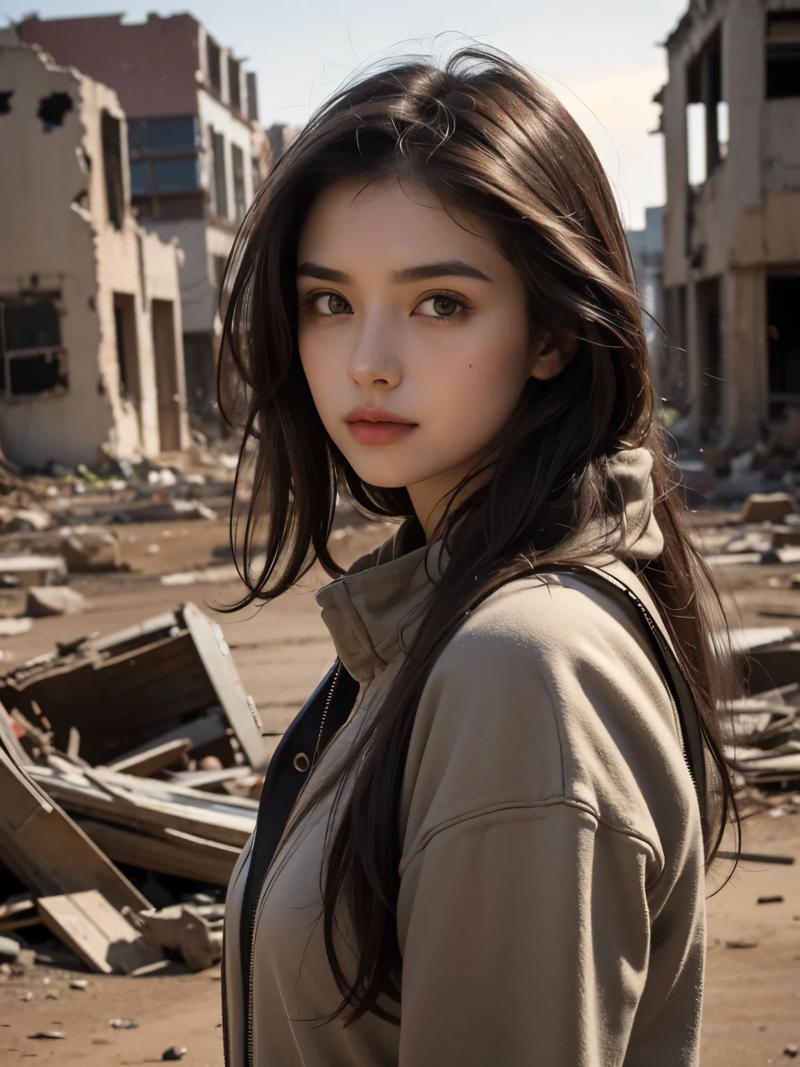 A beautiful woman. Twenty years old. dark brown hair. She is looking at the camera with a serious expression. She stands in a ruined Martian city.