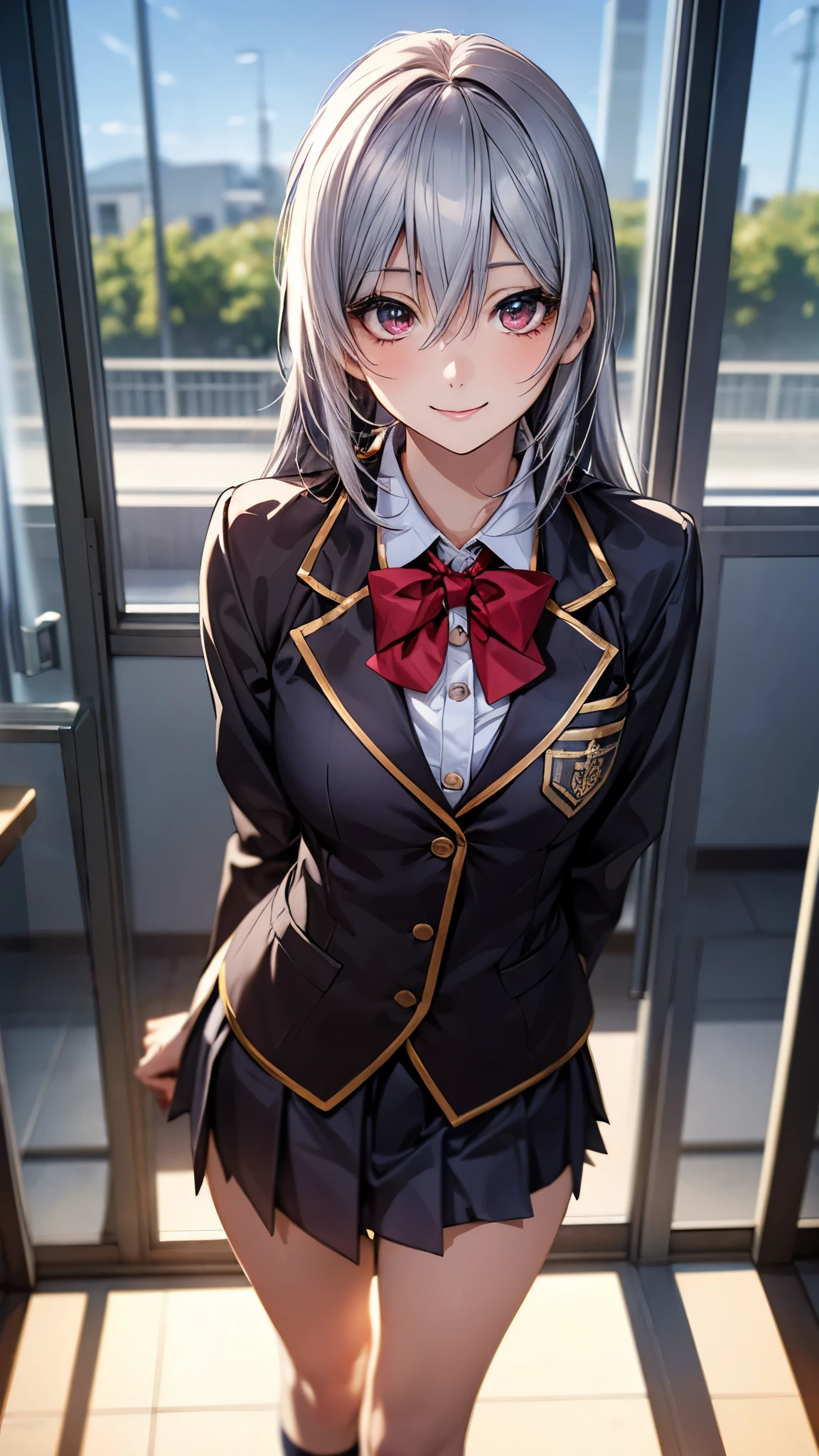 (masterpiece:1.2, top-quality), (realistic, photorealistic:1.4), beautiful illustration, (natural side lighting, movie lighting), , 
looking at viewer, upper body, 1 girl, japanese, high school girl, perfect face, cute and symmetrical face, shiny skin, 
(middle hair, straight hair, silver hair), hair between eyes, dark red eyes, glowing eyes, big eyes, long eye lasher, (medium breasts), slender, 
beautiful hair, beautiful face, beautiful detailed eyes, beautiful clavicle, beautiful body, beautiful chest, beautiful thigh, beautiful legs, beautiful fingers, 
((fumizuki academy school uniform, wain-red blazer, white collared shirts, grey pleated mini skirt), dark blue bow tie), 
(beautiful scenery), evening, (school classroom), standing, (lovely smile, upper eyes), 