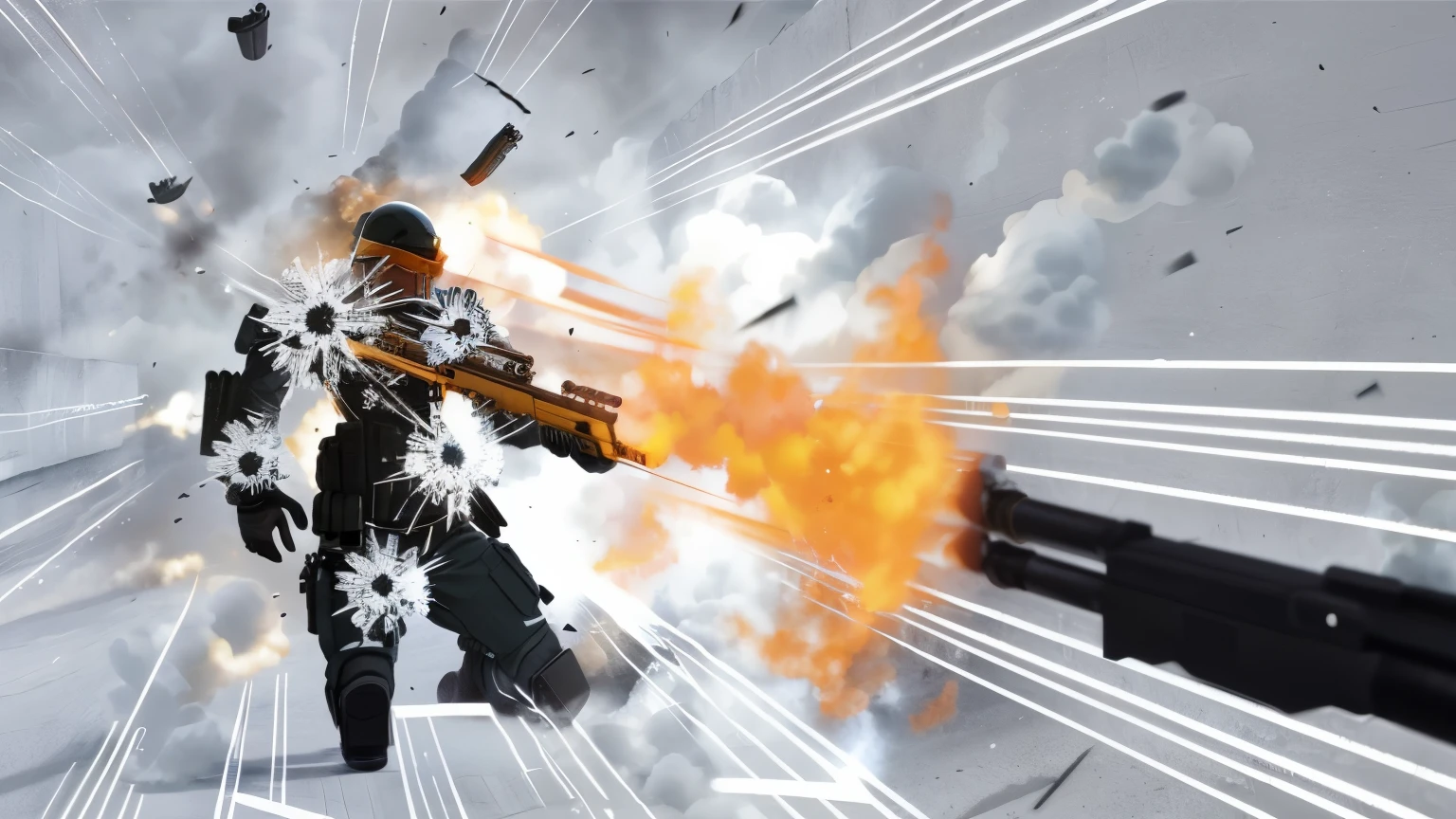 There's a man with a fire in his hand, anime bullet vfx, anime machine gun fire, soldier under heavy fire, Action scene screenshot, Grenade explosion, Artillery fire, powerful explosions, flash explosion, Realistic explosions, Escalating intense gunfights, fierce battle, break, muzzle flash, FPS game concept art, explosion around, anime shot