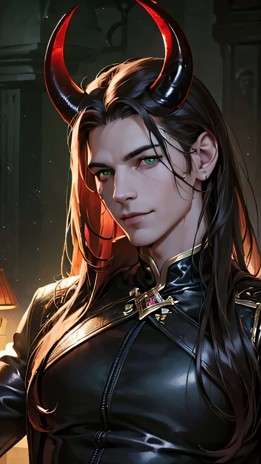 (Best quality,4K,8K,a high resolution,masterpiece:1.2),ultra detailed,(Realistic,photoRealistic,photo-Realistic:1.37),30 year old man,daemon,straight daemonic horns,daemonic tail,green eyes with dark sclera,dark very long hair,fantasy clothes,sadistic smile,Horror style,Dark color tones,moody lighting