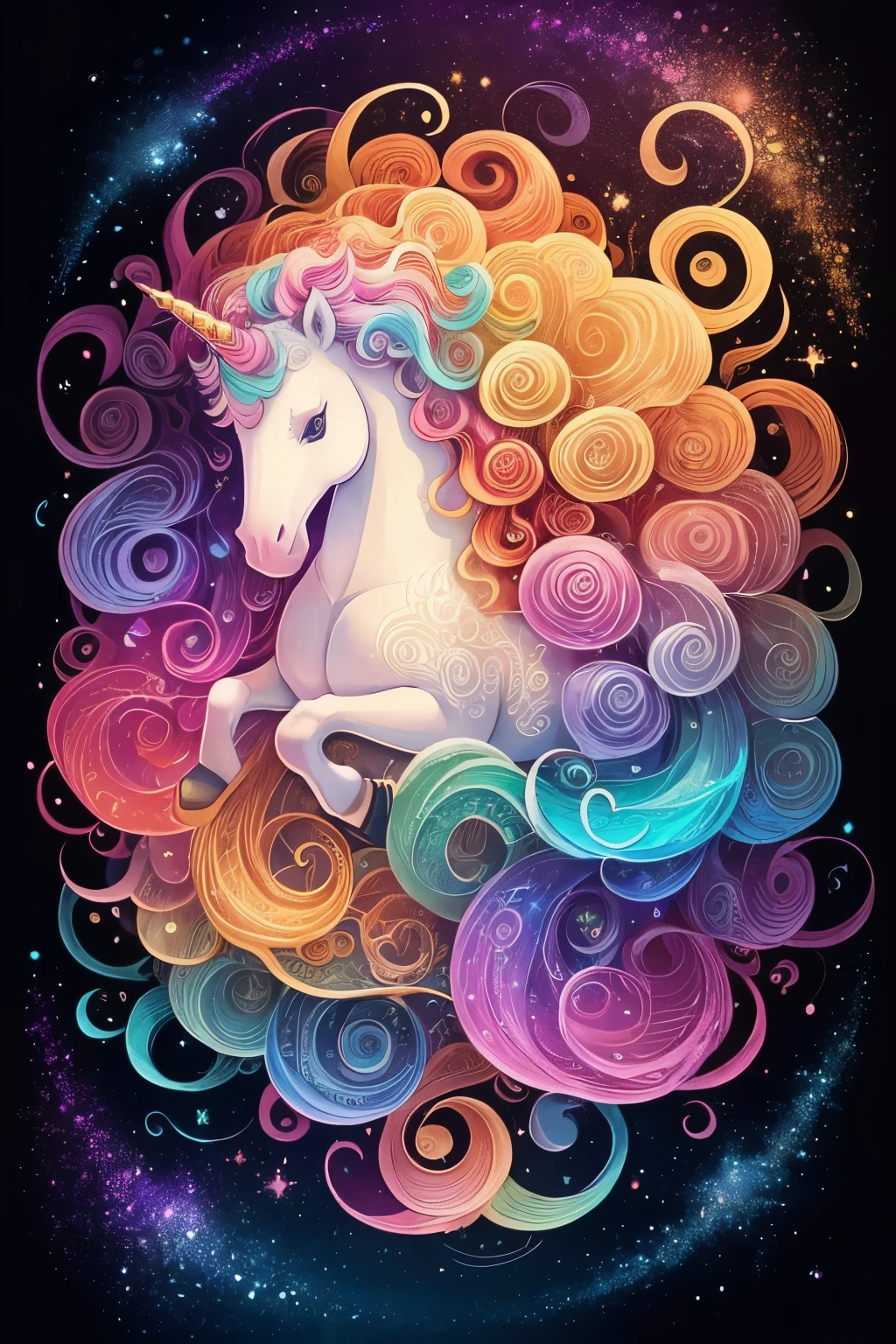 ((animal,unicorn,curly wavy rainbow)),美しいunicorn,(highest quality,High resolution:1.2),super detailed,fine brush strokes,Colorful palette:No Rainbow,studio lighting,想像力豊かなunicorn,beautifully decorated mane,sparkling eyes:2.2,Flowing mane and tail,bright and vibrant colors,Playful and happy expression,Fantastic and magical atmosphere,Dreamy background with celestial bodies,Elaborate and intricate Zentangle patterns,dynamic,illusion of movement and depth,Mythical creatures and enchanting landscapes,magic light and shine,Explosion of bright colors and celestial bodies,Flowing swirling starry sky,Thick impasto strokes characteristic of Van Gogh,Starry sky swirl and paint swirl,(fantasy,hand-drawn style,like an illustration),(soft color palette,pop,fancy)