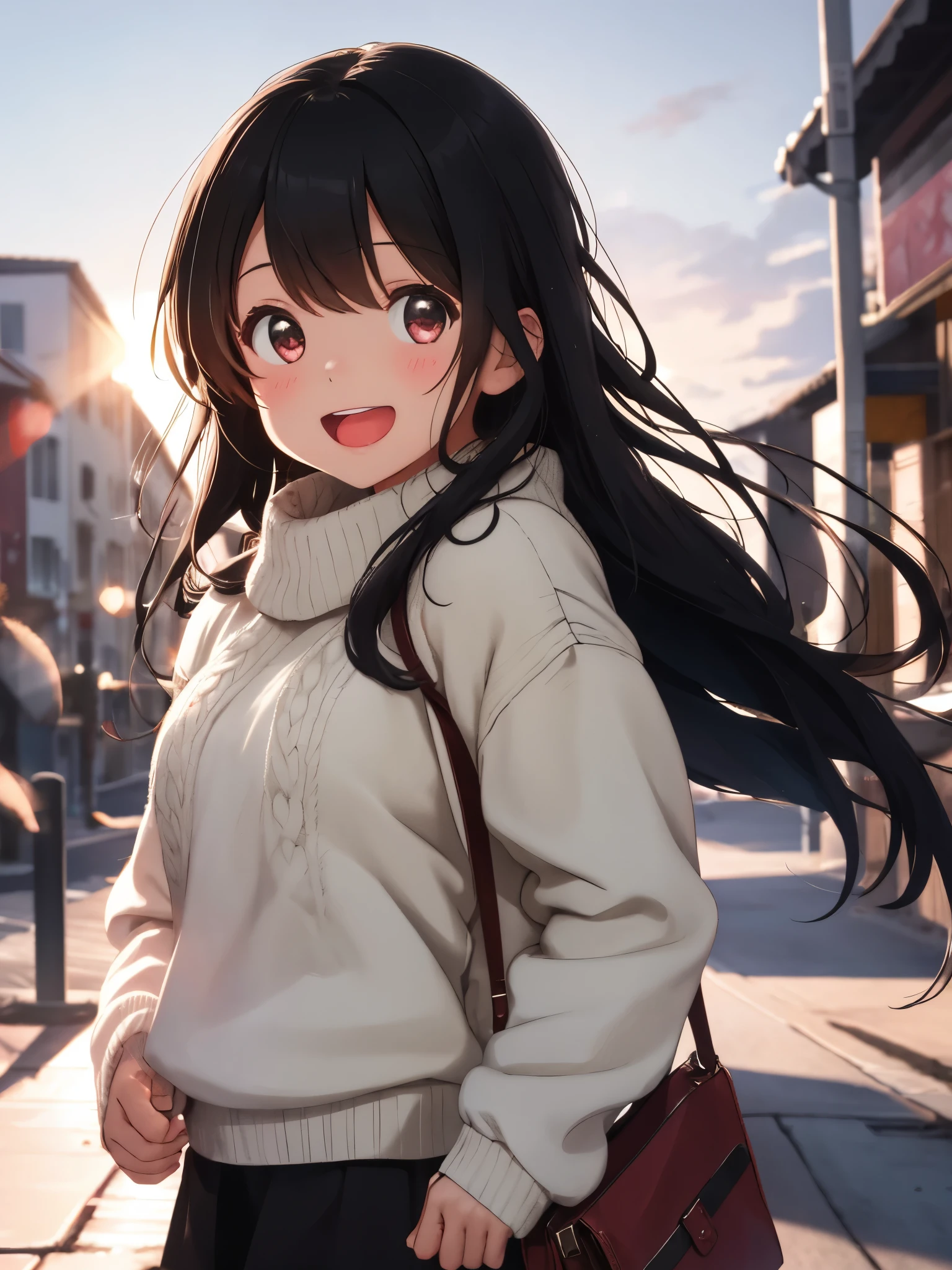 with a girl, black hair, cozy sweater, Upper body, (Laughter:1.1), (open your mouth:1.1), (wide open eyes:1.2), glare of the sun, Bokeh, Depth of bounds written, blurred background, particles of light, strong wind, (heart particles:1.1), morning 4k、Hello、valentine chocolate