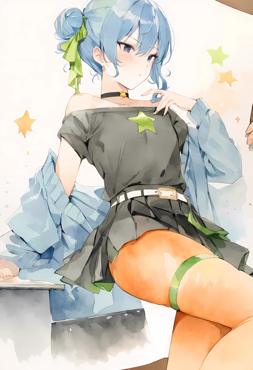 ((top-quality、8K、​masterpiece:1.3))、女の子1人、hyperdetailed face、detailed eyes、blue eyes, 二重まぶた 、medium chest、small tits、green hair、short hair、cheeky grin、button shirt 、A 18-year-old woman、((naked))、Sexy、Peek at the viewer、Beautiful graphics、Gorgeous hotel , full body、sitting、depth of field, ((nipples)), blush, eembarrasse , thighs thighs thighs thighs, innocent, naive, headphone, earrings,  shoulder, (angry face),