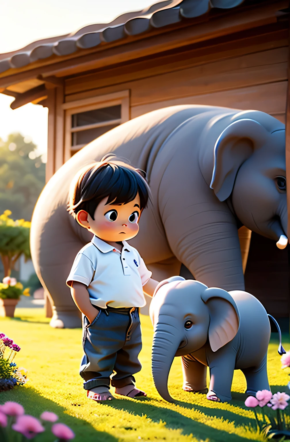 a , standing beside of a baby elephant, infront of a house, flowers, human buterflys, long and roung hair, center light