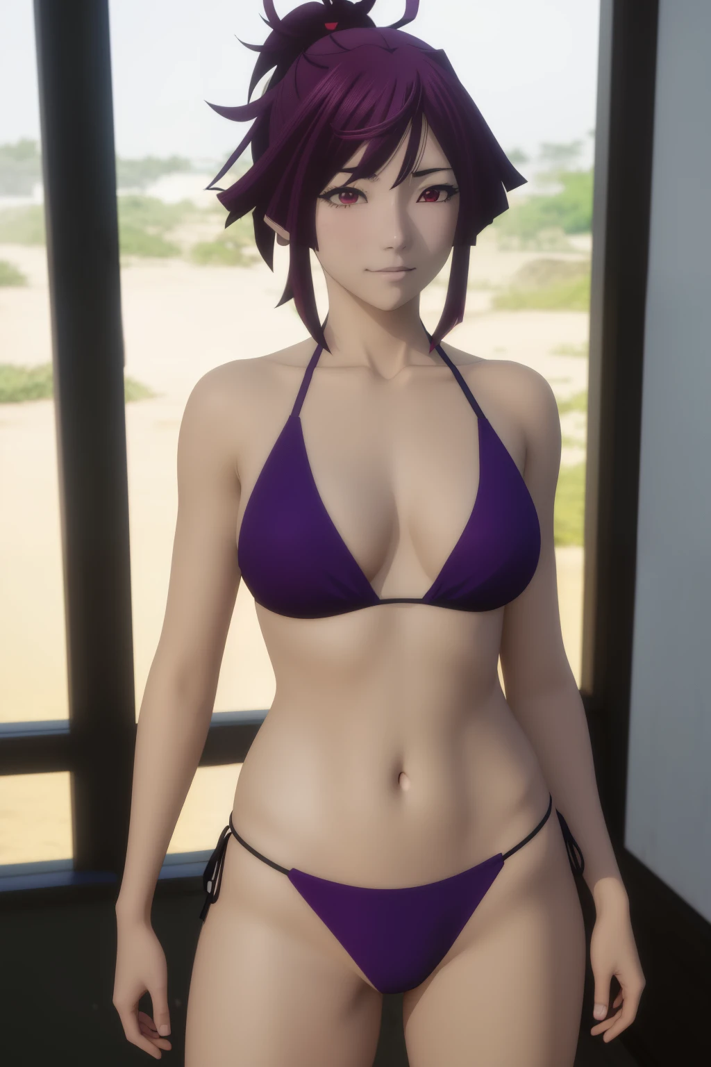 anime girl in a bikini posing in front of a window, seductive anime girl, solo, Highly detailed altogerm, attractive anime girl, official anime still, seductive anime girl, Commission for high resolution, Photorealistic anime girl rendering, short ponytail purple hair girl, clothing:bikini swimwear, Red-eyed girl, big breasts, girl with big breasts, purple bikini, wearing a swimsuit, Commission for high resolution, in a trianglebikini, Photorealistic anime girl rendering, anime still, anime moe art style, official art, anime best girl, a girl is standing, smile, Anime visual of a young girl, attractive anime girl, anime female characters, female focus, shuushuu anime image, The best girls in anime, Gweiz style artwork, detailed digital anime art, perfectly shaded body, Realistic anime 3D style, 美しいattractive anime girl, realistic anime art style, realistic shaded perfect body, anime moe art style, Also, is wearing a swimsuit,