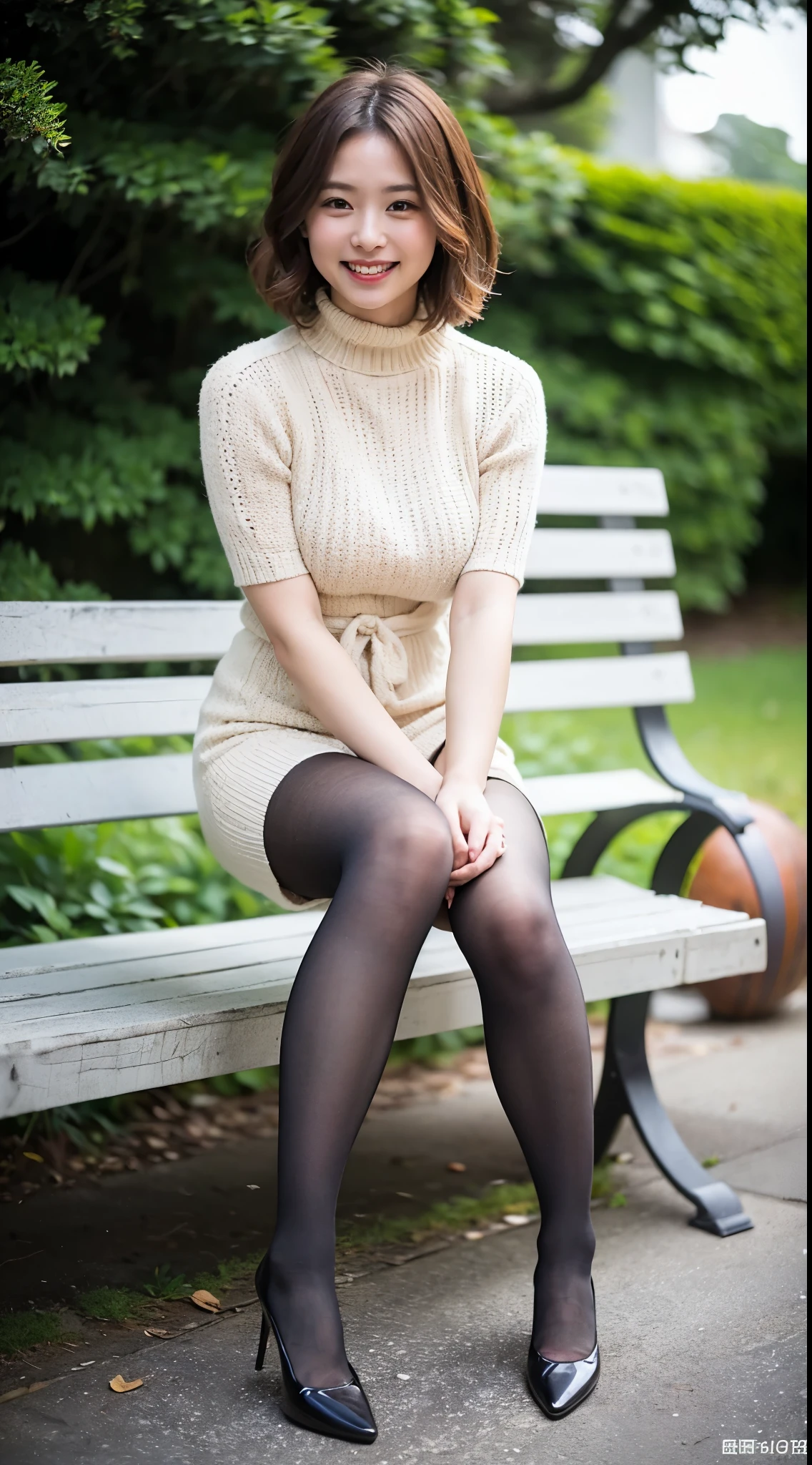 ulzzang-6500-v1.1, (RAW photo:1.2), (Photoreal), beautiful details, (genuine: 1.4), A naive 33 year old wife、((Wearing a high neck knit dress that clearly shows off your body line))、(super realistic pantyhose:1.3)、thighs thighs thighs、sitting on a park bench、Height: 156 cm, A little chubby body type、japanese model, short layered hair、laughter、smile、japanese girl, neat japanese woman, japanese goddess, innocence、huge file size, High resolution, very detailed, highest quality, [masterpiece:1.6], enlightenment, very detailed, nffsw, finely, highest quality, 8k wallpaper, movie lighting,  cute droopy eyes beautiful big eyes、((muste piece)), highest quality, 1 milf, eye shadow, portrait, (((full body shot:1.3)))、((とても愛情深いsmile:1.2))、((elegant brown hair:1.4)),((Short hairstyle:1.4)), 　shiny skin、exposed thighs!!!、