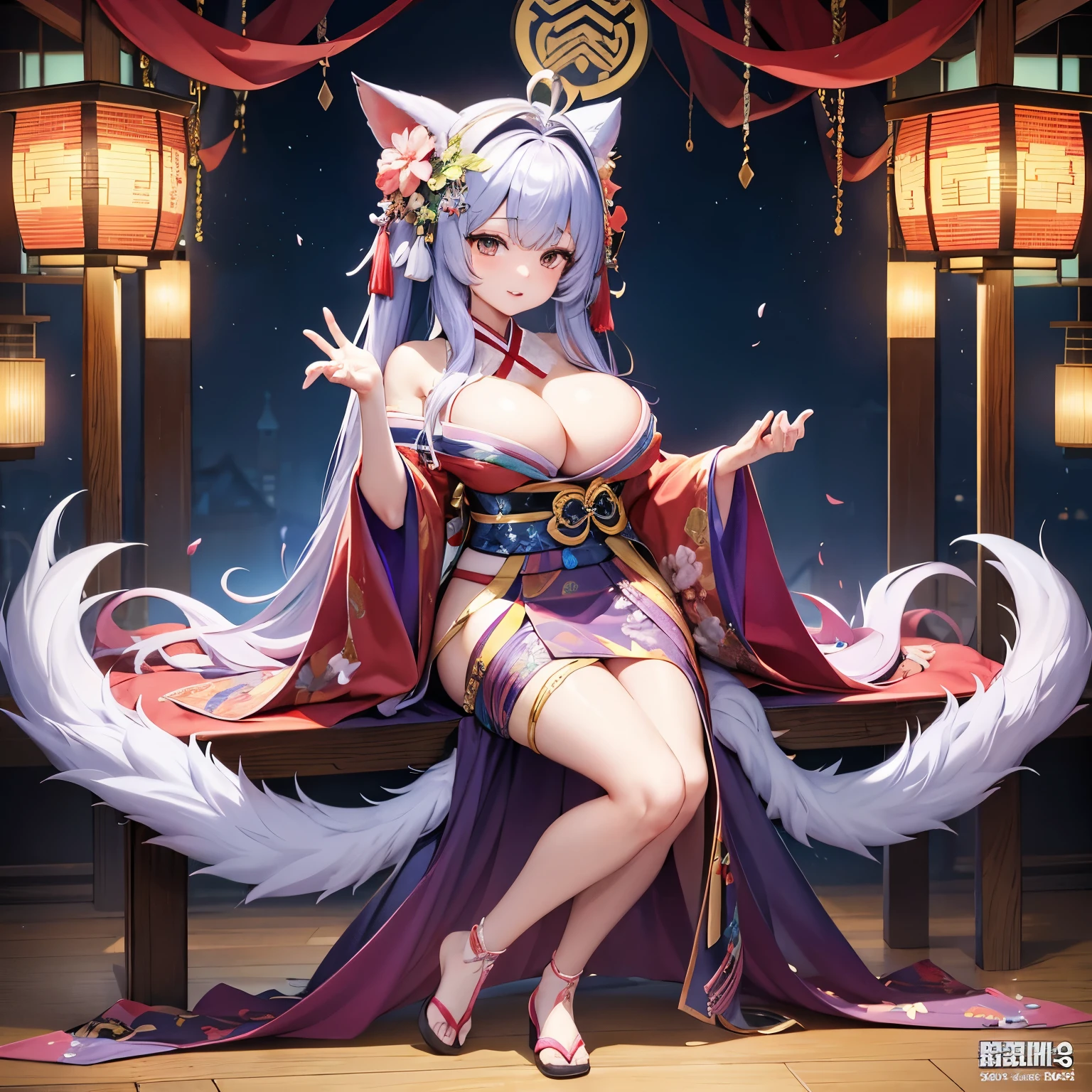 female, beast with animal ears, pointy animal ears, huge breasts, big bust, kimono, 붉은색 kimono에 흰색 엣지 추가, 8 HEAD HEIGHT, Big stature, full body photo, flower headdress, animation, 2D Characters, game character, 