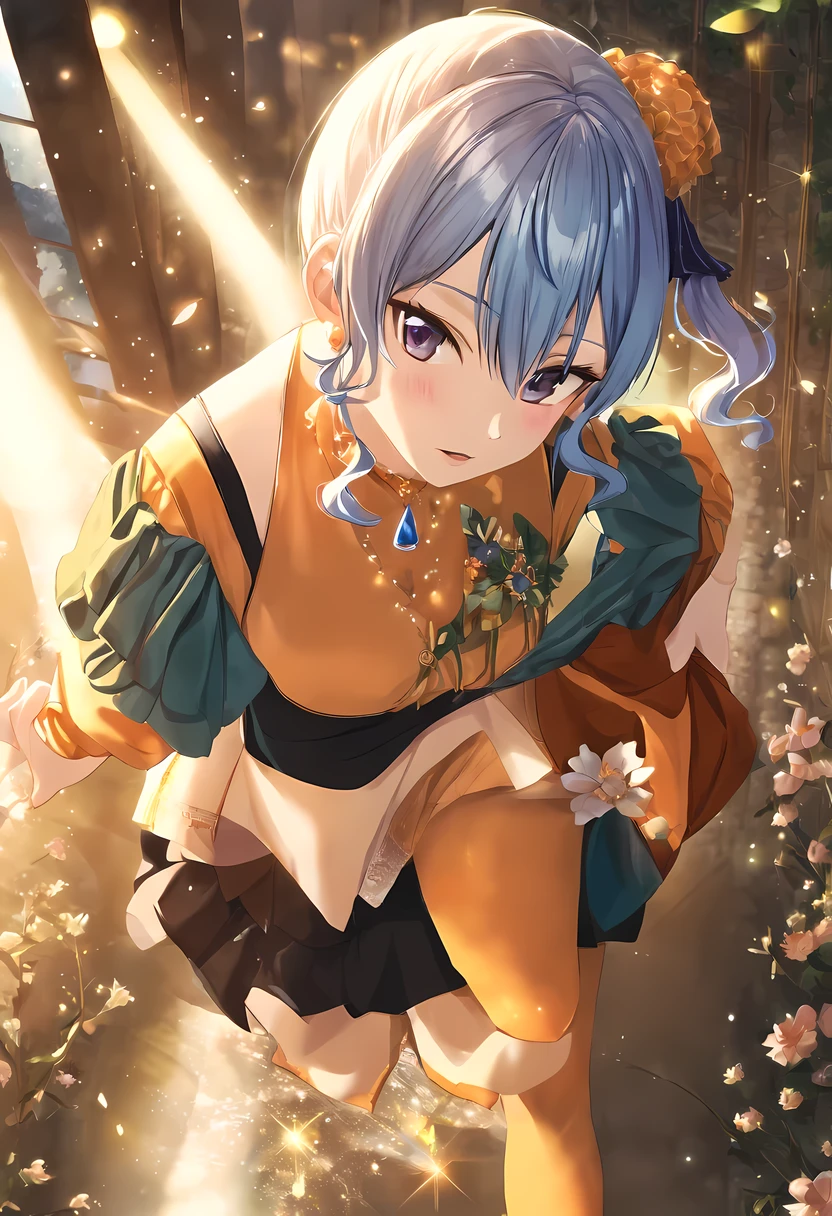 realistically、 1 girl in、white hair、purple eyes、radiant eyes、crop top、skirt made of、open lips、red blush、night、Floral fragrance、suns、Sunlight、Hoshimachi Mizunari, 1 girl in, alone, One side facing up, Hoshimachi Mizunari, Orange pantyhose, Green Ribbon, black skirt, Star
