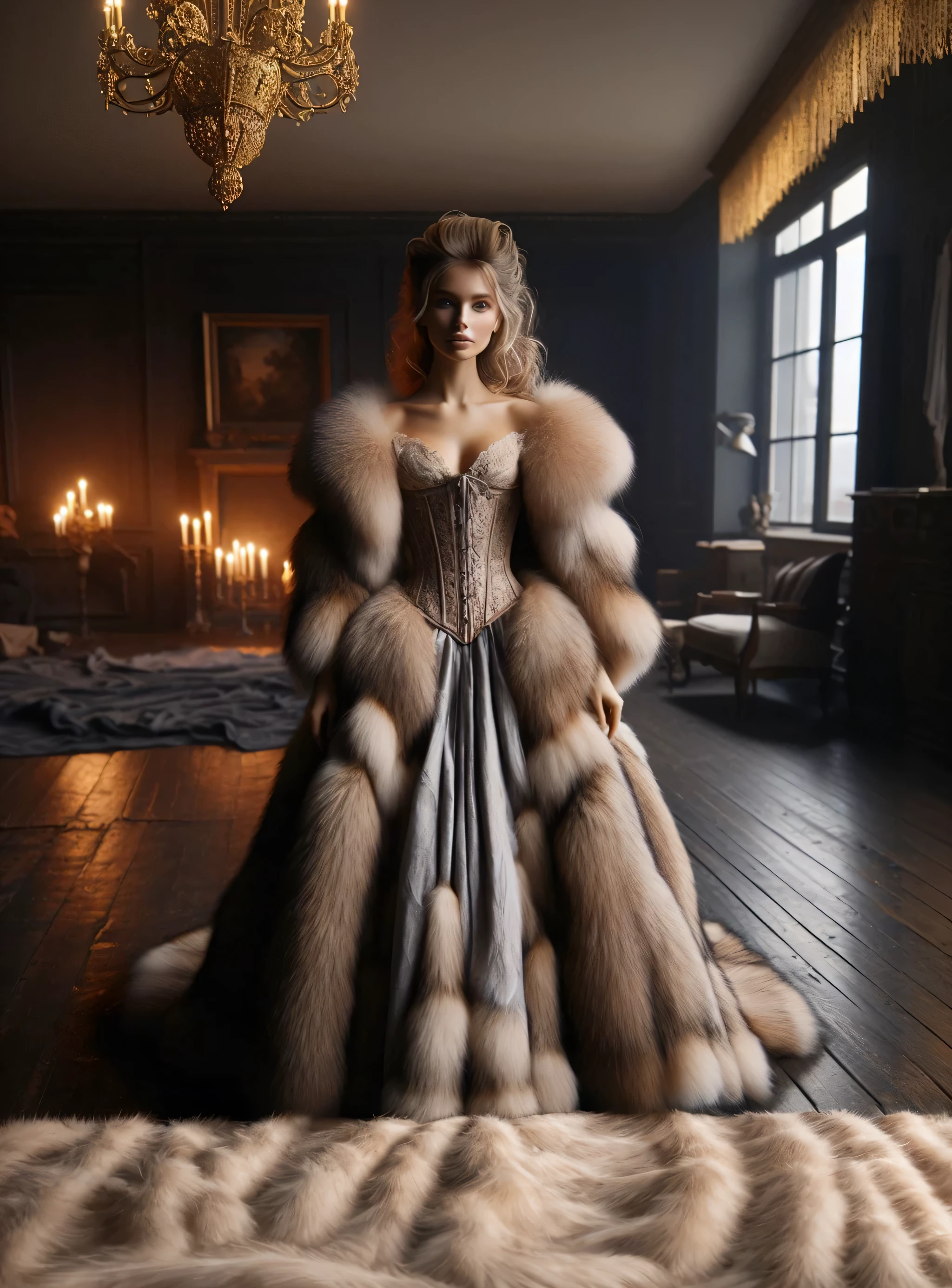 Arafed woman in a luxurious dress with furs in a dark room, royal dress, erwin olaf, Long luxury dress, Long Luxury Intricate Dress, long intricate fantasy dress, extravagant dress, refined aristocratic, Real fur and real leather, in a luxurious fur coat, Luxurious dress, couture fashion photo shoot, Fur outfit, aristocratic appearance, ornate royal dress