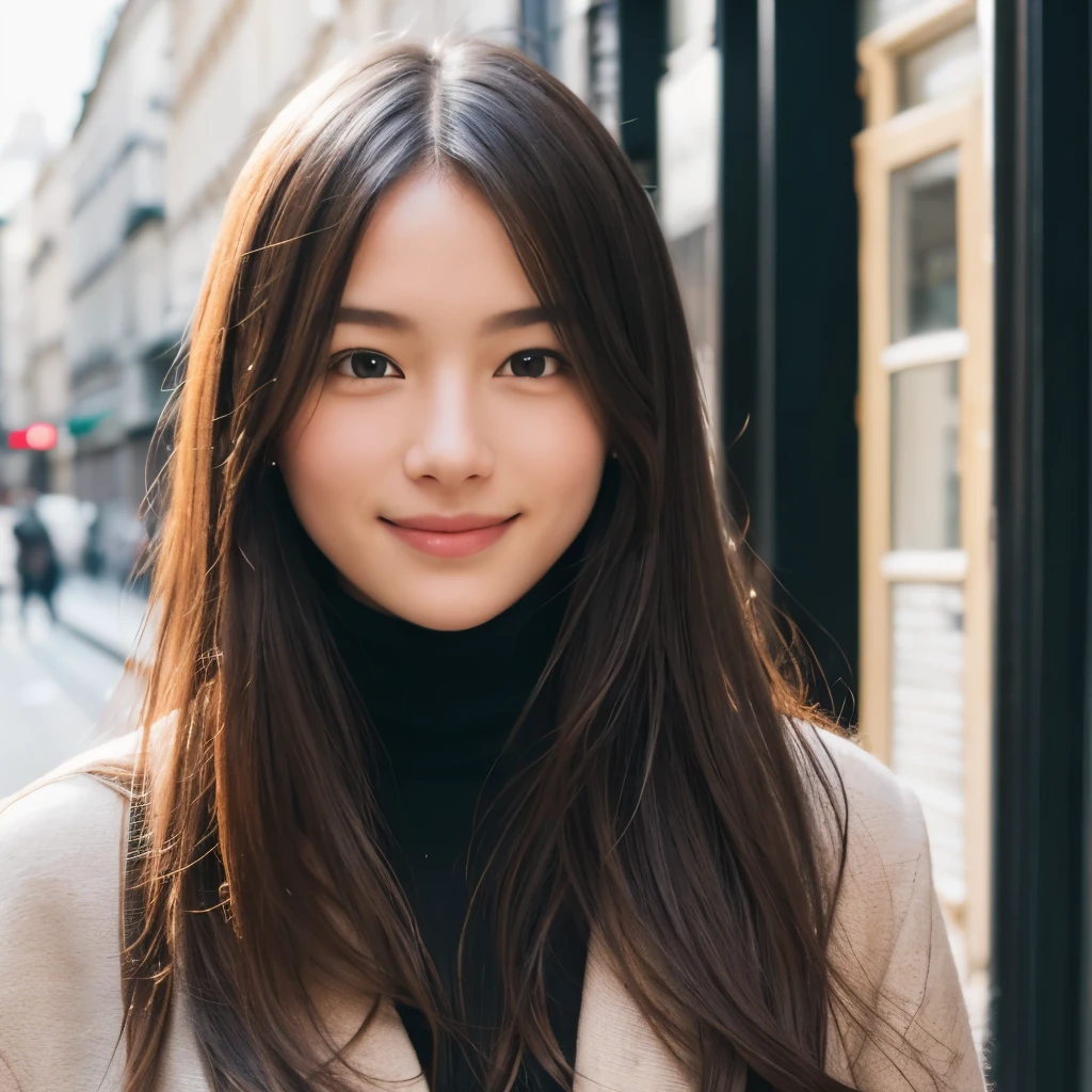 Girl, long brown hair, sharp hazel eyes, serious features, smile, simple, loose modern style, Parisian atmosphere.
