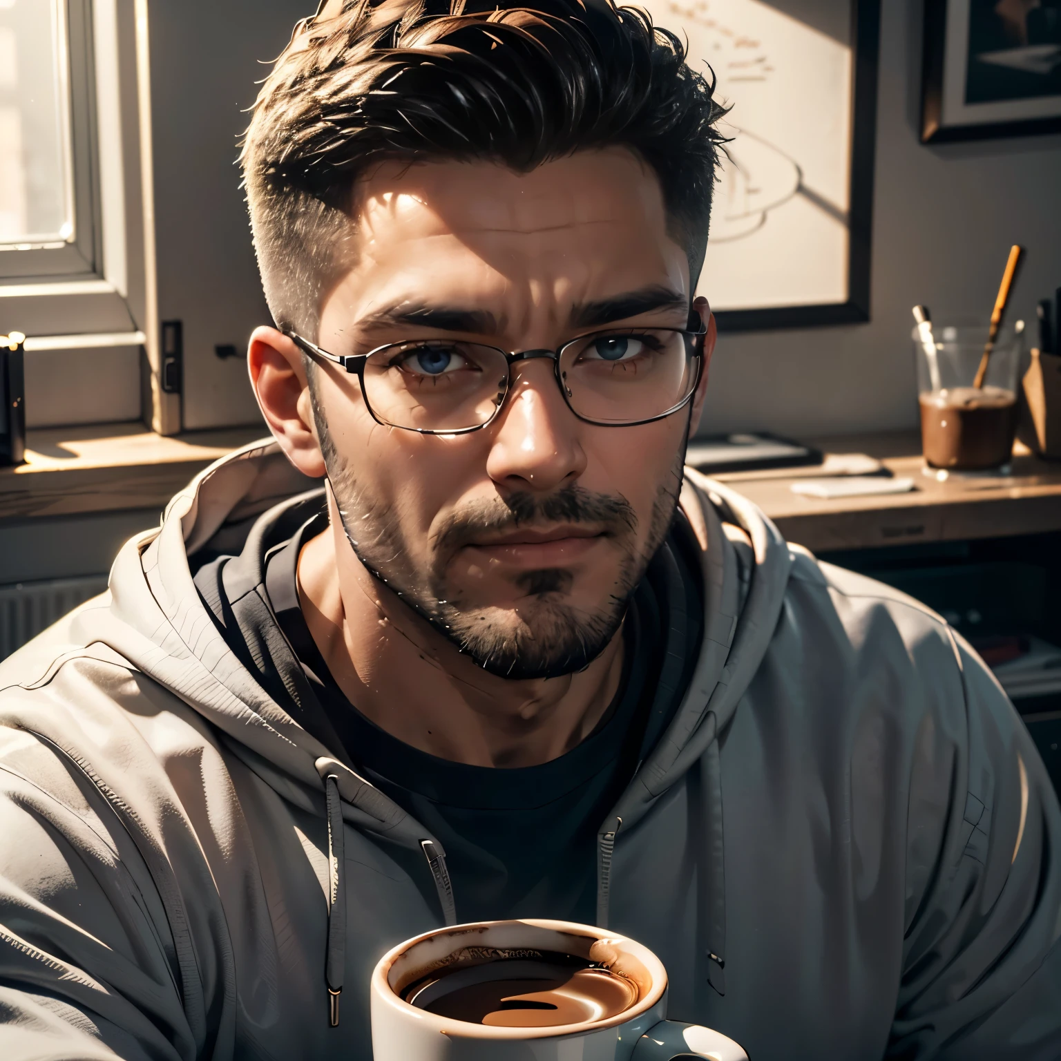 ((masterpiece, HD Photo, RAW, highest quality, photorealistic, hyper detailed, 8k)), hasselbad, prime lens, extreme closeup, portrait, face, a man, 42 years old (sleeping) detailed face, glasses, beard:1.2, facial hair, hoodie, greasy hair, messy, ugly, unkept, unattractive, incel, geek, nerd, facial hair, mancave background, messy room, coffee, psychopath, muted colours, hairy