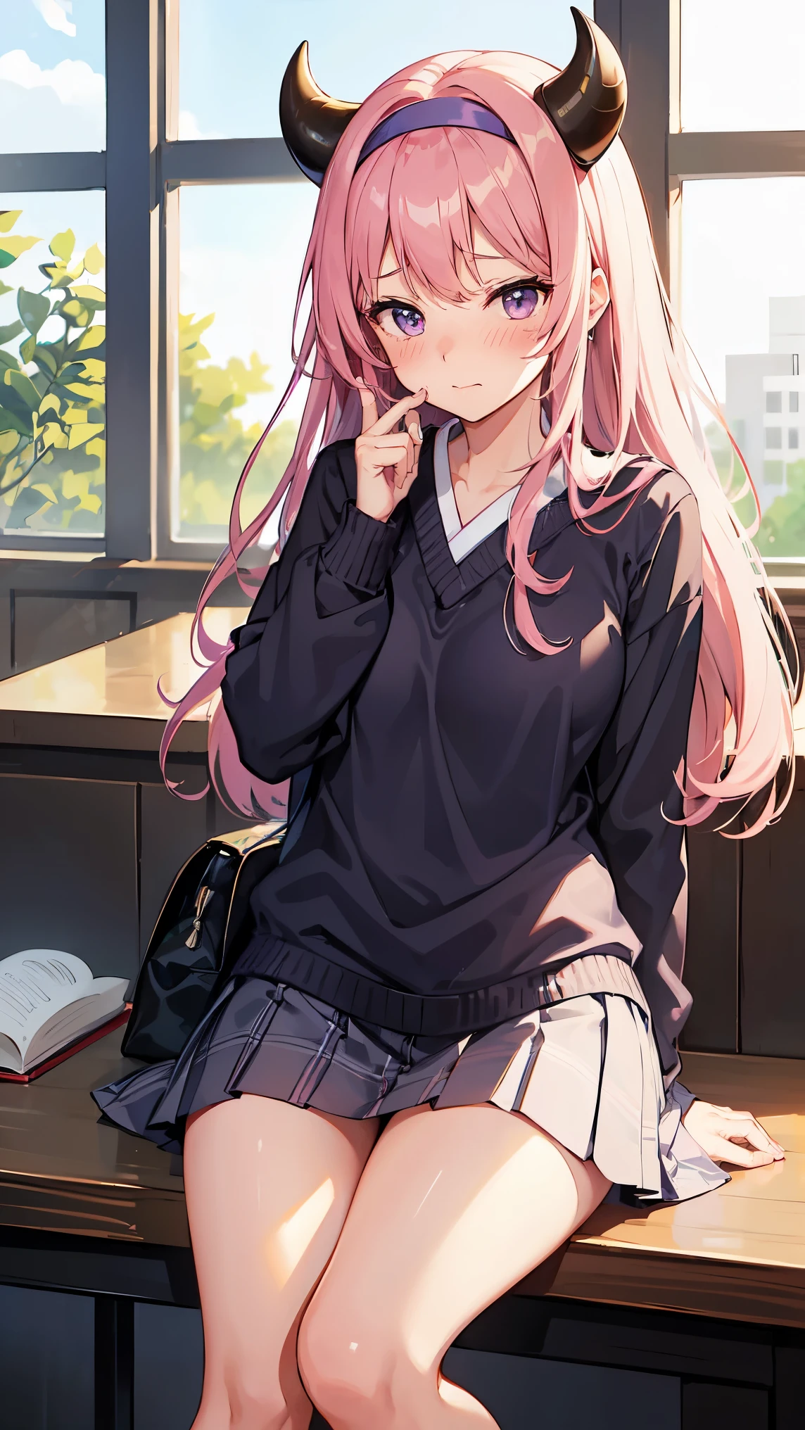 1girl, (embarrassed:1.3), blush, long layered hair, purple hairband, pink hair, purple eyes,demon horns, medium breast, cute, wallpaper, landscape, depth of field, noon, school library, light particles, light rays, sidelighting, japanese school uniform, (japanese school shirt), japanese school skirt, (pink sweater:1.2) 