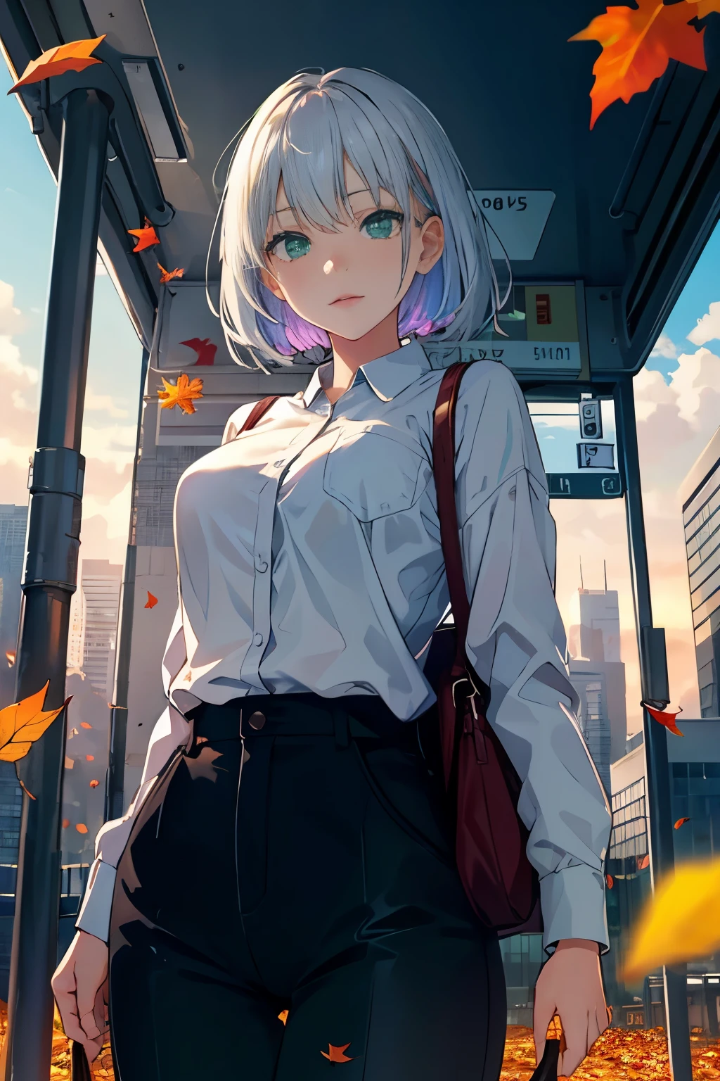 Japan, High resolution, highest quality, figure,  Super detailed, (detailed face), (fine eyes), soft lighting, highest quality, hazy shine, dreamy atmosphere, very detailed, masterpiece, 1 girl, alone, silver hair, green eyes, knit, glowing eyes, medium breasts, (colorful), cowboy shot, from below, outdoor, morning, cloud, Skyscrapers on the background, For industrial use, public transport, urban, concrete buildings, concrete, sidewalk, busy, wood, autumn, Fallen leaves,