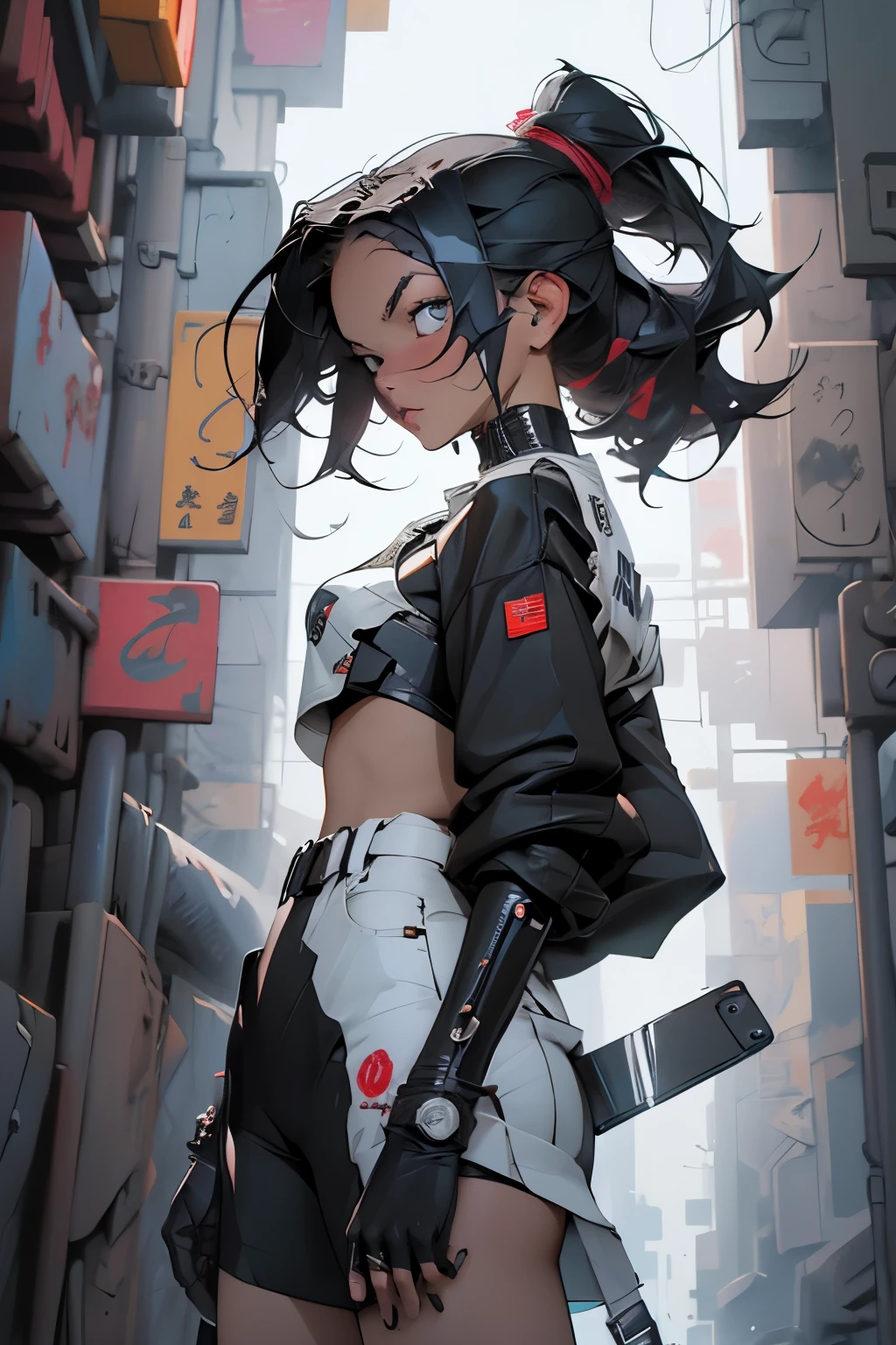 Illustration of a cyberpunk girl with modern clothes, cabelo moicano coloridos no deserto de Mojave, carros estilo mad max rodam ao fundo