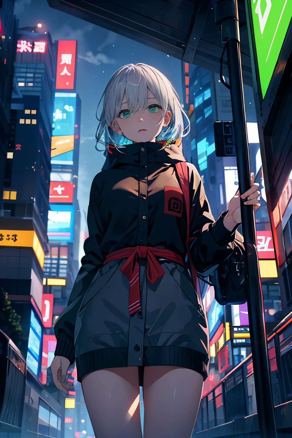 Japan, High resolution, highest quality, figure,  Super detailed, (detailed face), (fine eyes), soft lighting, highest quality, hazy shine, dreamy atmosphere, very detailed, masterpiece, 1 girl, alone, silver hair, green eyes, knit, glowing eyes, medium breasts, (colorful), cowboy shot, from below, outdoor, morning, cloud, Skyscrapers on the background, For industrial use, public transport, urban, concrete buildings, concrete, sidewalk, busy, wood, winter, icicle,