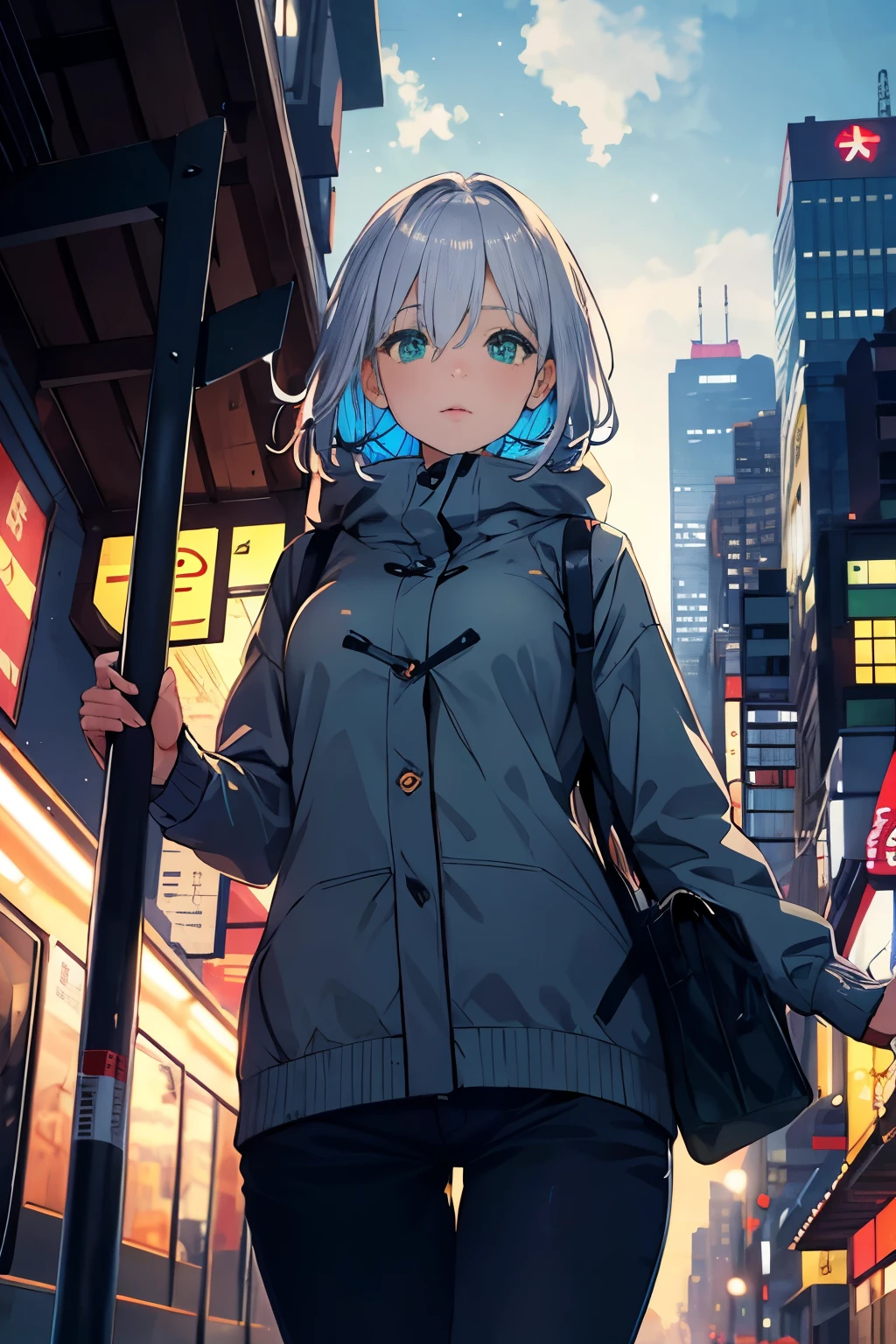 Japan, High resolution, highest quality, figure,  Super detailed, (detailed face), (fine eyes), soft lighting, highest quality, hazy shine, dreamy atmosphere, very detailed, masterpiece, 1 girl, alone, silver hair, green eyes, knit, glowing eyes, medium breasts, (colorful), cowboy shot, from below, outdoor, morning, cloud, Skyscrapers on the background, For industrial use, public transport, urban, concrete buildings, concrete, sidewalk, busy, wood, winter, icicle,