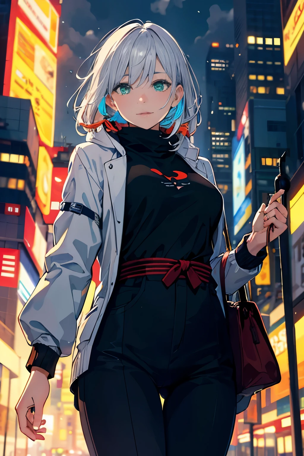 Japan, High resolution, highest quality, figure,  Super detailed, (detailed face), (fine eyes), soft lighting, highest quality, hazy shine, dreamy atmosphere, very detailed, masterpiece, 1 girl, alone, silver hair, green eyes, knit, glowing eyes, medium breasts, (colorful), cowboy shot, from below, outdoor, morning, cloud, Skyscrapers on the background, For industrial use, public transport, urban, concrete buildings, concrete, sidewalk, busy, wood, winter, icicle,