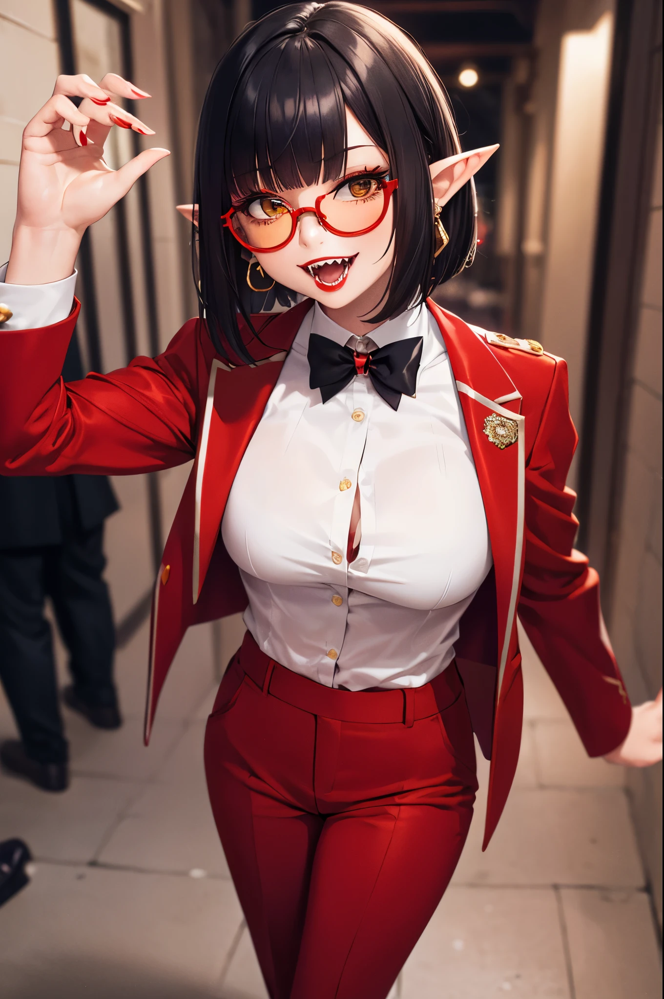 (masterpiece, absurdres, best quality:1.2), 1girl, solo, 1girl, portrait, precise, full body, finely detail, depth of field, shine, highres, original, perfect lighting, colorful, centered, realistic face, photorealism, (red tuxedo and trousers:1.5), (white shirt, red tie), (black hair, bob cut, ring earrings, red lipstick), fantasy castle background, fantasy dungeons, vampire mistress, (pointy ears, pointy teeth, Sharp fangs, vampire teeth), blunt bangs, (breasts), (glasses, sunglasses, round tinted yellow glasses)