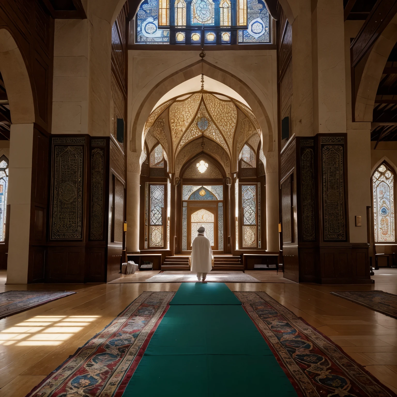 (big man wearing a Muslim hat in the mosque), oil painting, detailed brushstrokes, vibrant colors, highres, realistic lighting, intricate patterns, serene atmosphere, religious devotion, architectural beauty, prayer rugs, elaborate chandeliers, peaceful ambiance, towering minarets, stained glass windows, decorative calligraphy, intricate mosaics, traditional attire, flickering candlelight, tranquil courtyard, spiritual tranquility, hushed whispers, sacred space, harmonious unity, serene reflections, solemn prayer, divine connection, timeless beauty, faithful worship, interwoven symbolism, reverent atmosphere
