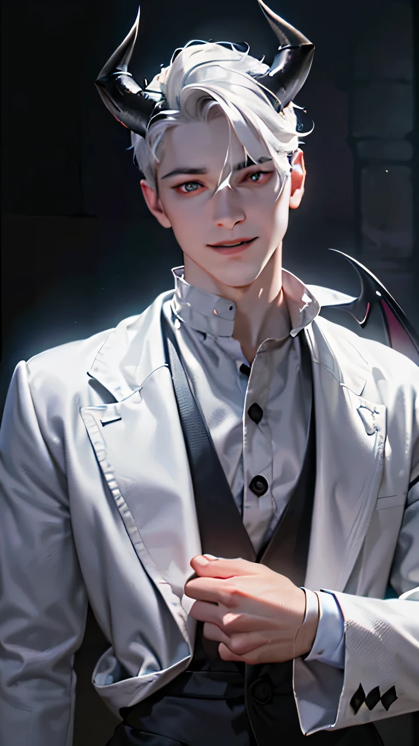(Best quality,4K,8K,a high resolution,masterpiece:1.2),ultra detailed,(Realistic,photoRealistic,photo-Realistic:1.37),30 year old man,daemon,straight daemonic horns,daemonic tail,white eyes with dark sclera, white short hair,fancy black clothes,sadistic smile,Horror style,Dark color tones,moody lighting