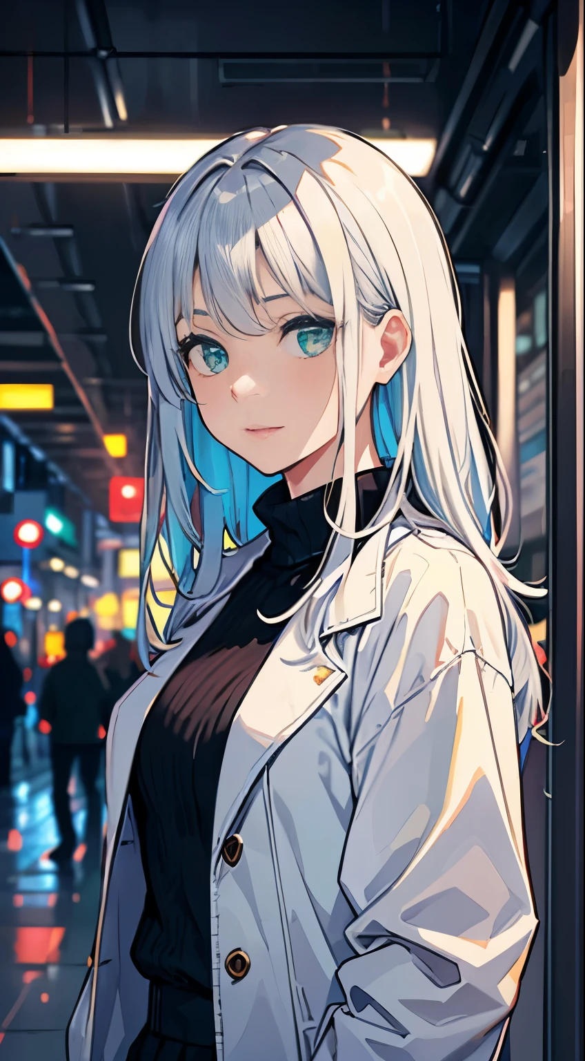 Japan, High resolution, highest quality, figure, Super detailed, (detailed face), (fine eyes), soft lighting, highest quality, shine of fog, dreamy atmosphere, very detailed, masterpiece, 1 girl, alone, silver hair, green eyes, knit, bright eyes, Medium chest, (colored), cowboy shot, outdoor, evening, cloud, Skyscrapers on the background, For industrial use, public transport, urban, buildings concrete, concrete, sidewalk, busy, wood, autumn, Fallen leaves,