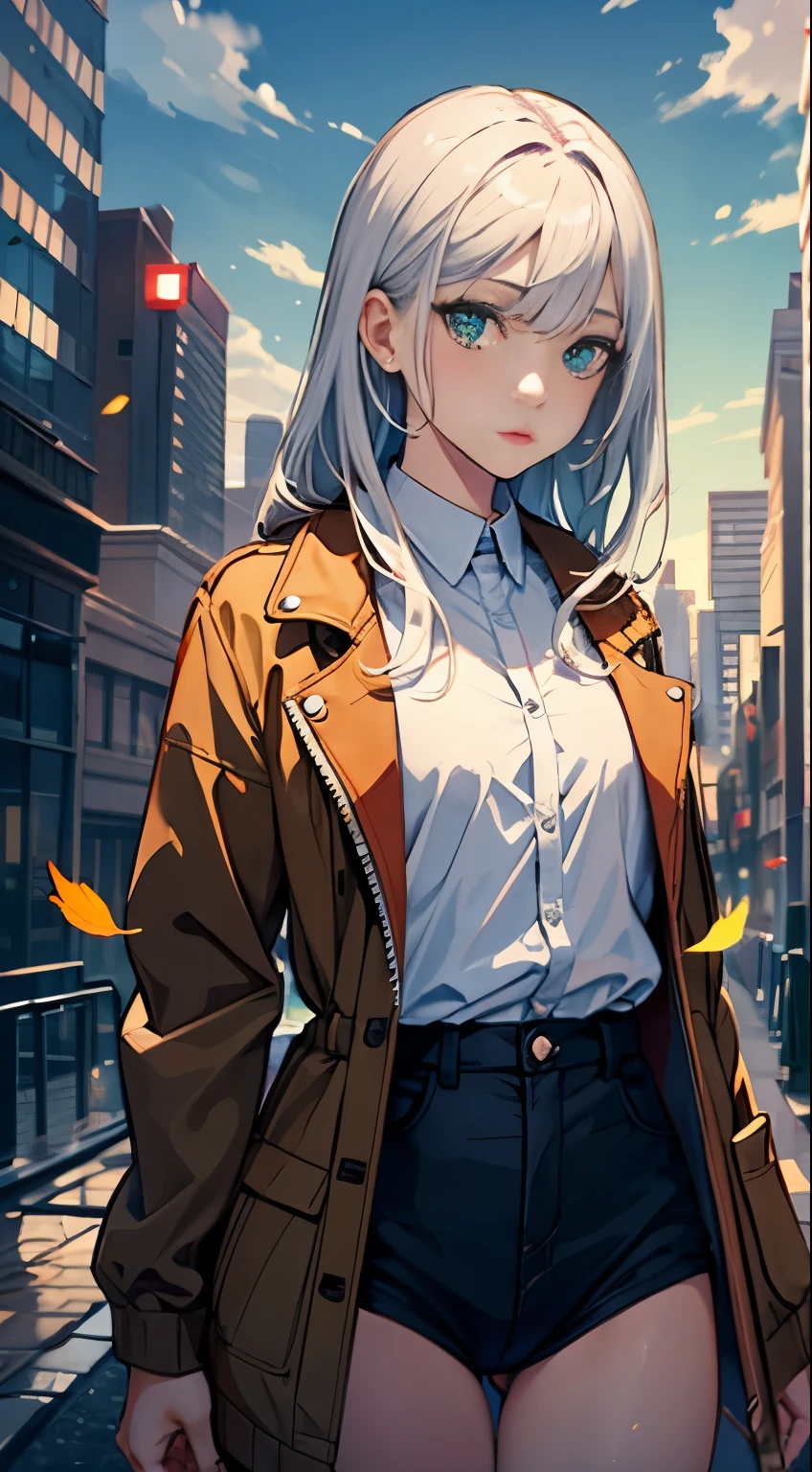 Japan, High resolution, highest quality, figure, Super detailed, (detailed face), (fine eyes), soft lighting, highest quality, shine of fog, dreamy atmosphere, very detailed, masterpiece, 1 girl, alone, silver hair, green eyes, knit, bright eyes, Medium chest, (colored), cowboy shot, outdoor, evening, cloud, Skyscrapers on the background, For industrial use, public transport, urban, buildings concrete, concrete, sidewalk, busy, wood, autumn, Fallen leaves,