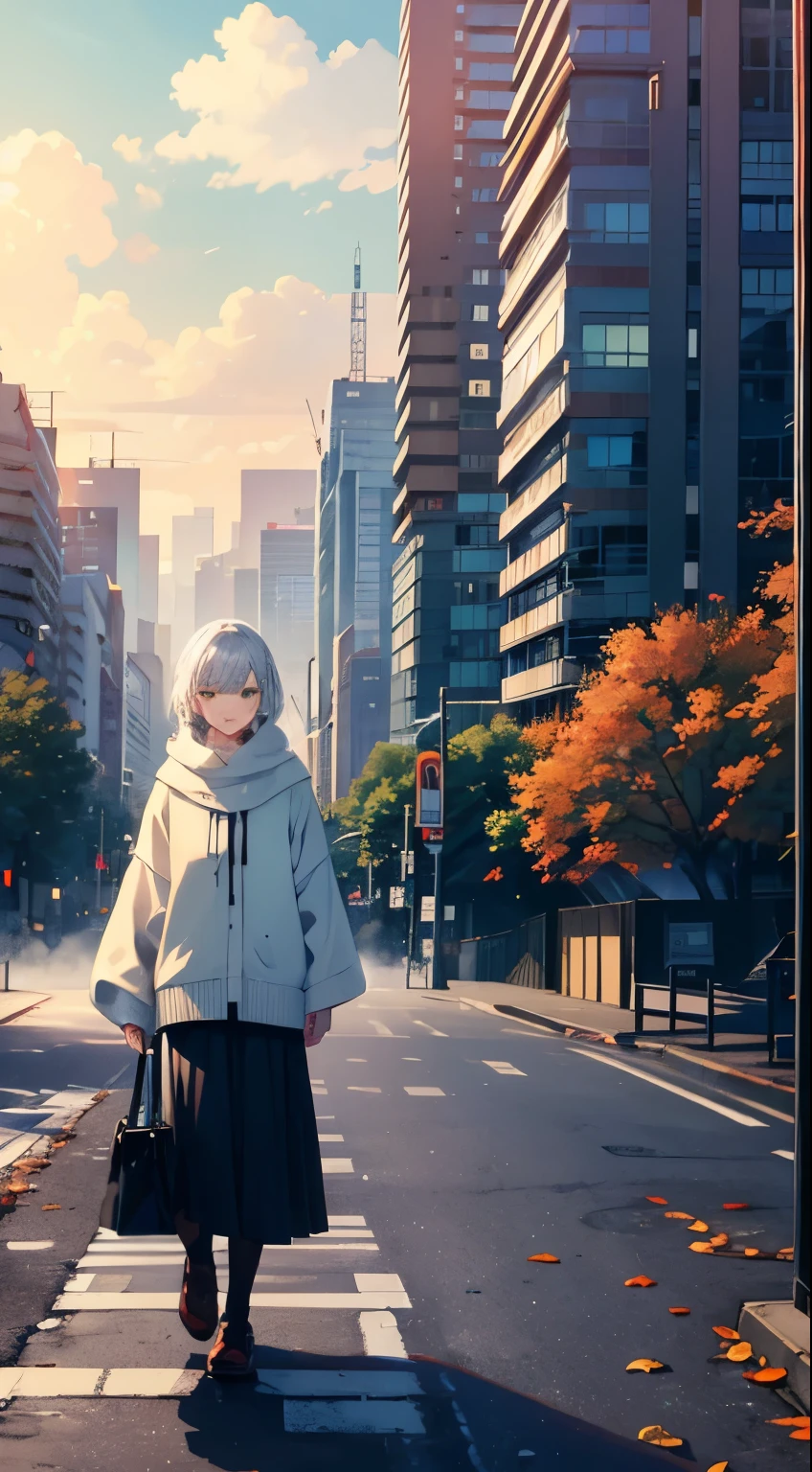 Japan, High resolution, highest quality, figure, Super detailed, (detailed face), (fine eyes), soft lighting, highest quality, shine of fog, dreamy atmosphere, very detailed, masterpiece, 1 girl, alone, silver hair, green eyes, knit, bright eyes, Medium chest, (colored), cowboy shot, outdoor, evening, cloud, Skyscrapers on the background, For industrial use, public transport, urban, buildings concrete, concrete, sidewalk, busy, wood, autumn, Fallen leaves,