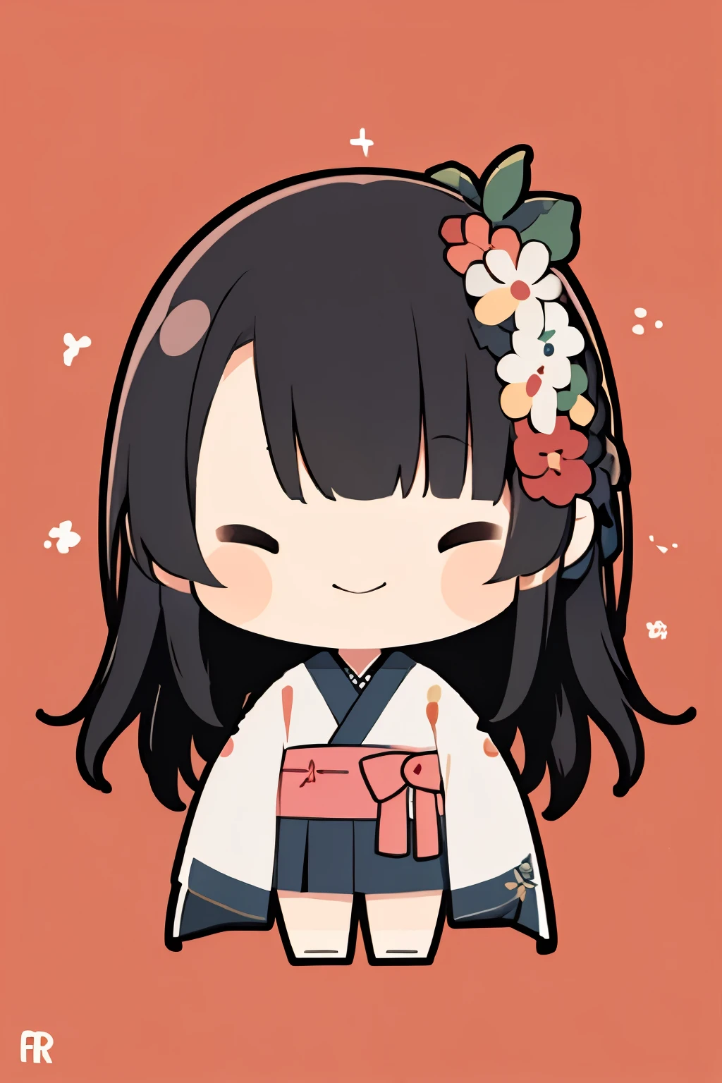 Japonesa sorrindo, cabelo preto, kimono rosa, estilo chibi, flat 2D