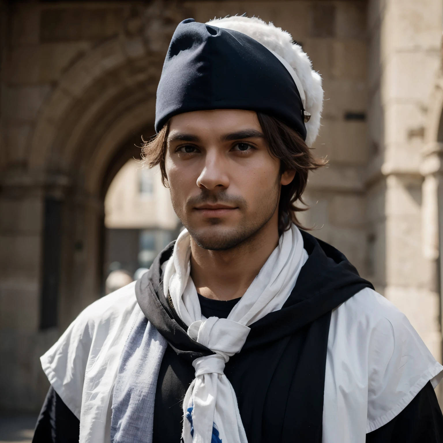 un homme avec un foulard qui lui cache le bas du visage, un tricorne, et une rapière, avec des cheveux blanc et vêtu uniquement de noir.
