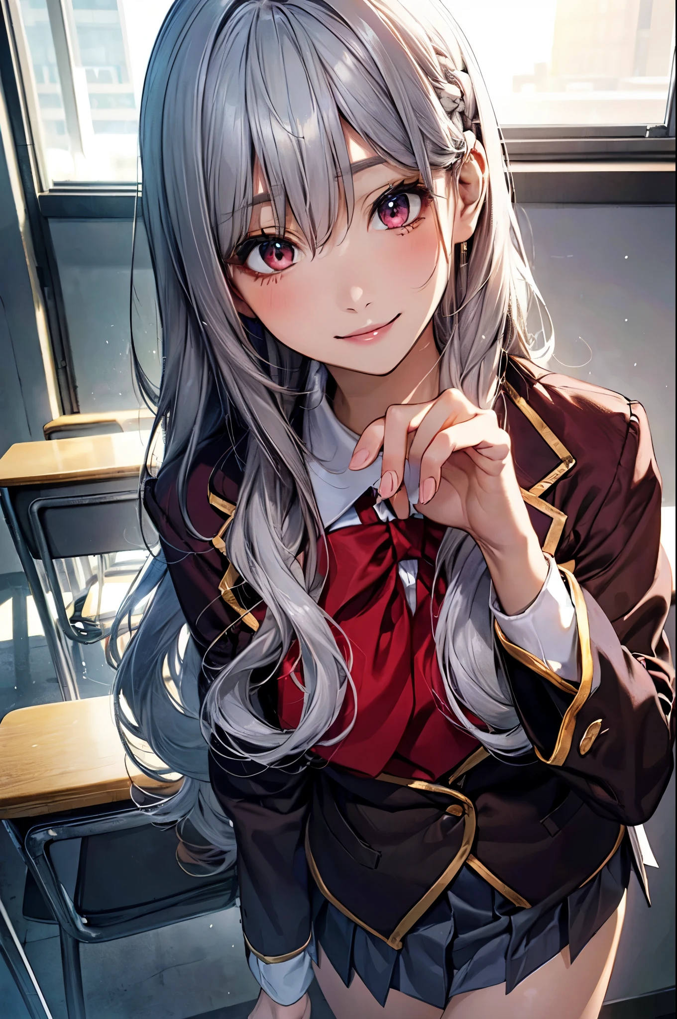 (masterpiece:1.2, top-quality), (realistic, photorealistic:1.4), beautiful illustration, (natural side lighting, movie lighting), , 
looking at viewer, upper body, 1 girl, japanese, high school girl, perfect face, cute and symmetrical face, shiny skin, 
(middle hair, straight hair, silver hair), hair between eyes, dark red eyes, glowing eyes, big eyes, long eye lasher, (medium breasts), slender, 
beautiful hair, beautiful face, beautiful detailed eyes, beautiful clavicle, beautiful body, beautiful chest, beautiful thigh, beautiful legs, beautiful fingers, 
((fumizuki academy school uniform, wain-red blazer, white collared shirts, grey pleated mini skirt), dark blue bow tie), 
(beautiful scenery), evening, (school classroom), standing, hands on chest, (lovely smile, upper eyes), 