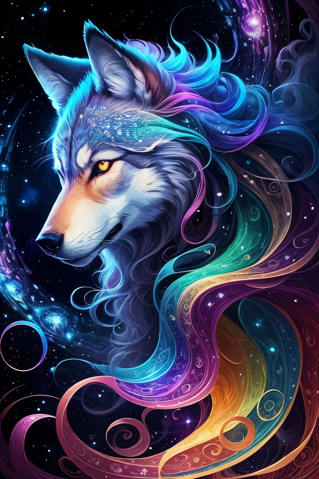 ((animal,Wolf,curly wavy rainbow)),美しいWolf,(highest quality,High resolution:1.2),super detailed,fine brush strokes,Colorful palette:No Rainbow,studio lighting,想像力豊かなWolf,beautifully decorated mane,sparkling eyes:2.2,Flowing mane and tail,bright and vibrant colors,Fantastic and magical atmosphere,Dreamy background with celestial bodies,Elaborate and intricate Zentangle patterns,dynamic,illusion of movement and depth,Mythical creatures and enchanting landscapes,magic light and shine,Explosion of bright colors and celestial bodies,Flowing swirling starry sky,Thick impasto strokes characteristic of Van Gogh,Starry sky swirl and paint swirl,(fantasy,hand-drawn style,like an illustration),(soft color palette,pop,fancy)