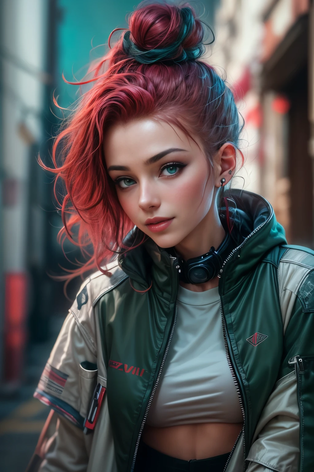 photorealistic, high resolution, 1 beautiful female, beautiful emerald eyes, top bun red hair, smiling, cyberpunk streetwear, leaning against the wall, background back alley street, dramatic, chromatic aberration.