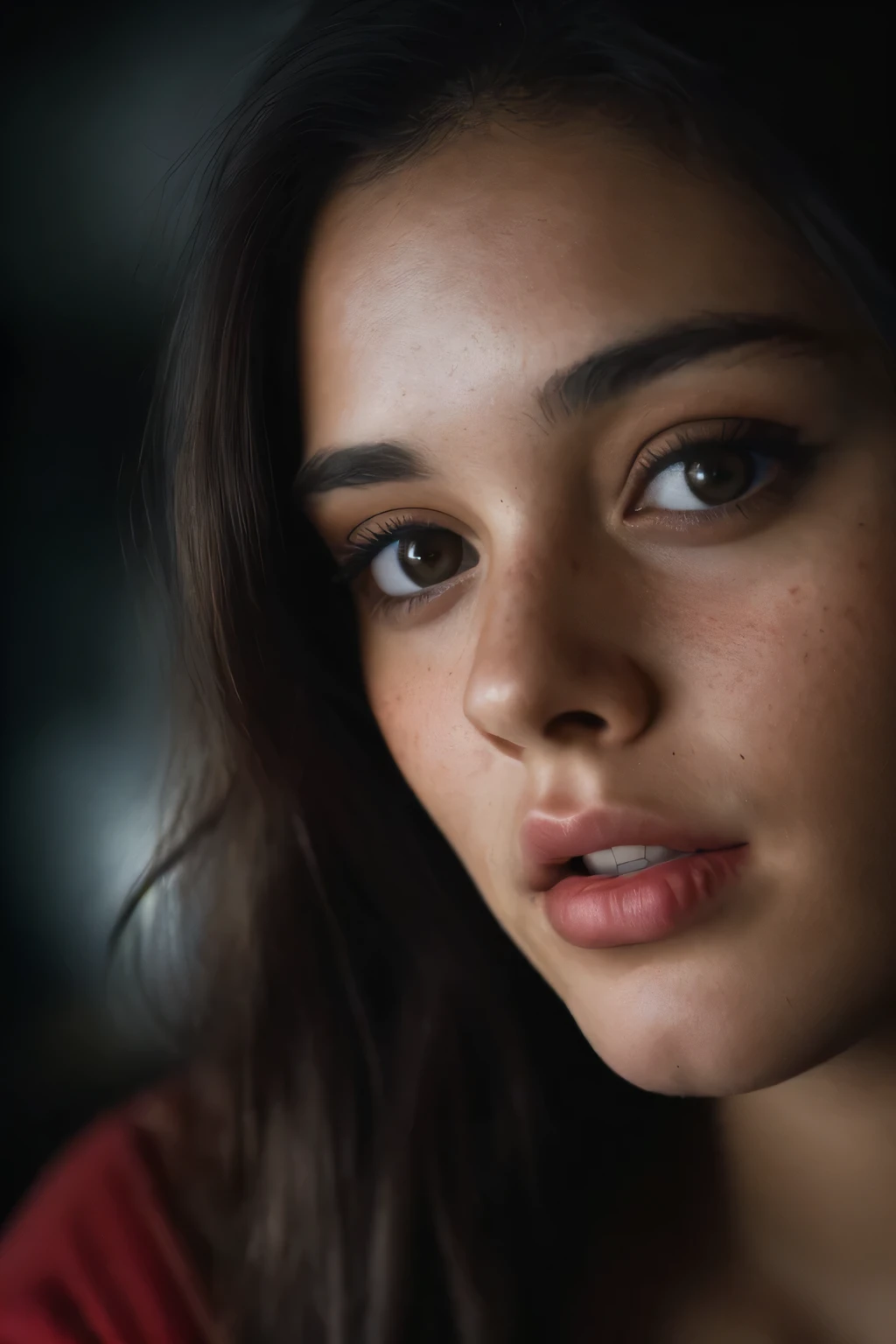 (close-up, editorial photograph of a 21 year old woman), (highly detailed face:1.4) (smile:0.7) (background inside dark, moody, private study:1.3) POV, by lee jeffries, nikon d850, film stock photograph ,4 kodak portra 400 ,camera f1.6 lens ,rich colors ,hyper realistic ,lifelike texture, dramatic lighting , cinestill 800,