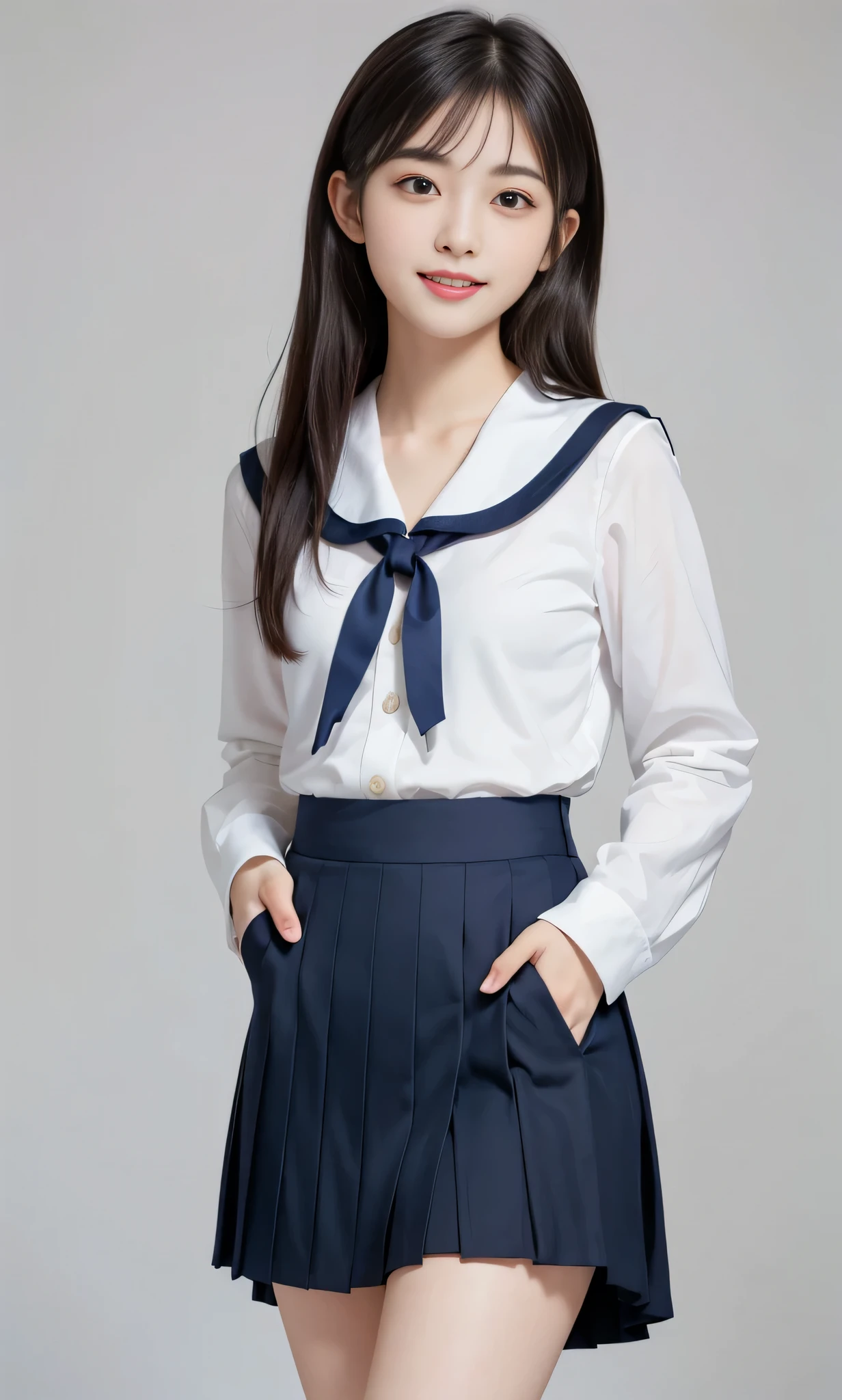 (super highest quality、ultra high resolution、８ｋ、masterpiece:1.3)、beautiful woman with perfect figure:1.4、black hair、school uniform、((sailor suit))、(((((((no background))))))、cute、highly detailed face and skin、fine eyes、double eyelid、thin legs、best smile、(((Lonely)))、best smile、extraordinary beauty、Age is 、perfect proportions、（(raise your index finger)）、tilt your face slightly、unparalleled beauty、navy blue skirt、pleated skirt、mini skirt,(pure white background）