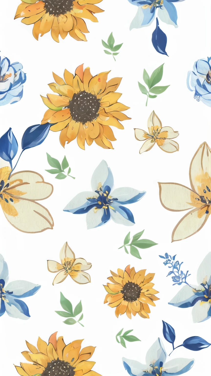 a close up of a flower pattern with blue and yellow flowers, floral wallpaper, floral pattern, patchy flowers, floral motives, flowers and blossoms, flowery, blue and yellow fauna, flowery wallpaper, floral explosion, some yellow and blue, floral details, ornate floral, floral dream, surrounded flower, wallpaper design, floral renewal, botanicals, flower