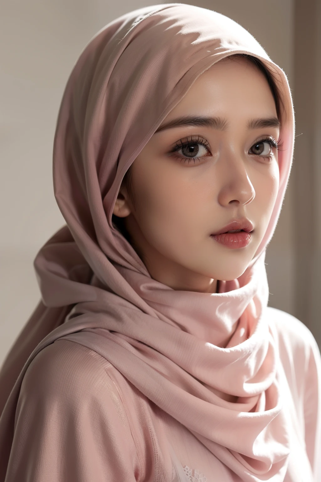 Realistic photo,wearing dress and long hijab, look from side, hyperrealistic, masterpiece, sweet ekspresion, melancholy , closeup photo, bright eyes, sexy lips, detailed makeup, detailed eyes cornea, wearing hijab no hair looks, blush pink cheek