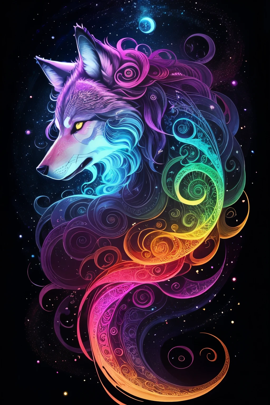 ((animal,Wolf,curly wavy rainbow)),白いWolf,美しいWolf,(highest quality,High resolution:1.2),super detailed,fine brush strokes,Colorful palette:No Rainbow,studio lighting,想像力豊かなWolf,beautifully decorated mane,sparkling eyes:2.2,Flowing mane and tail,bright and vibrant colors,Fantastic and magical atmosphere,Dreamy background with celestial bodies,Elaborate and intricate Zentangle patterns,dynamic,illusion of movement and depth,Mythical creatures and enchanting landscapes,magic light and shine,Explosion of bright colors and celestial bodies,Flowing swirling starry sky,Thick impasto strokes characteristic of Van Gogh,Starry sky swirl and paint swirl,(fantasy,hand-drawn style,like an illustration),(soft color palette,pop,fancy)