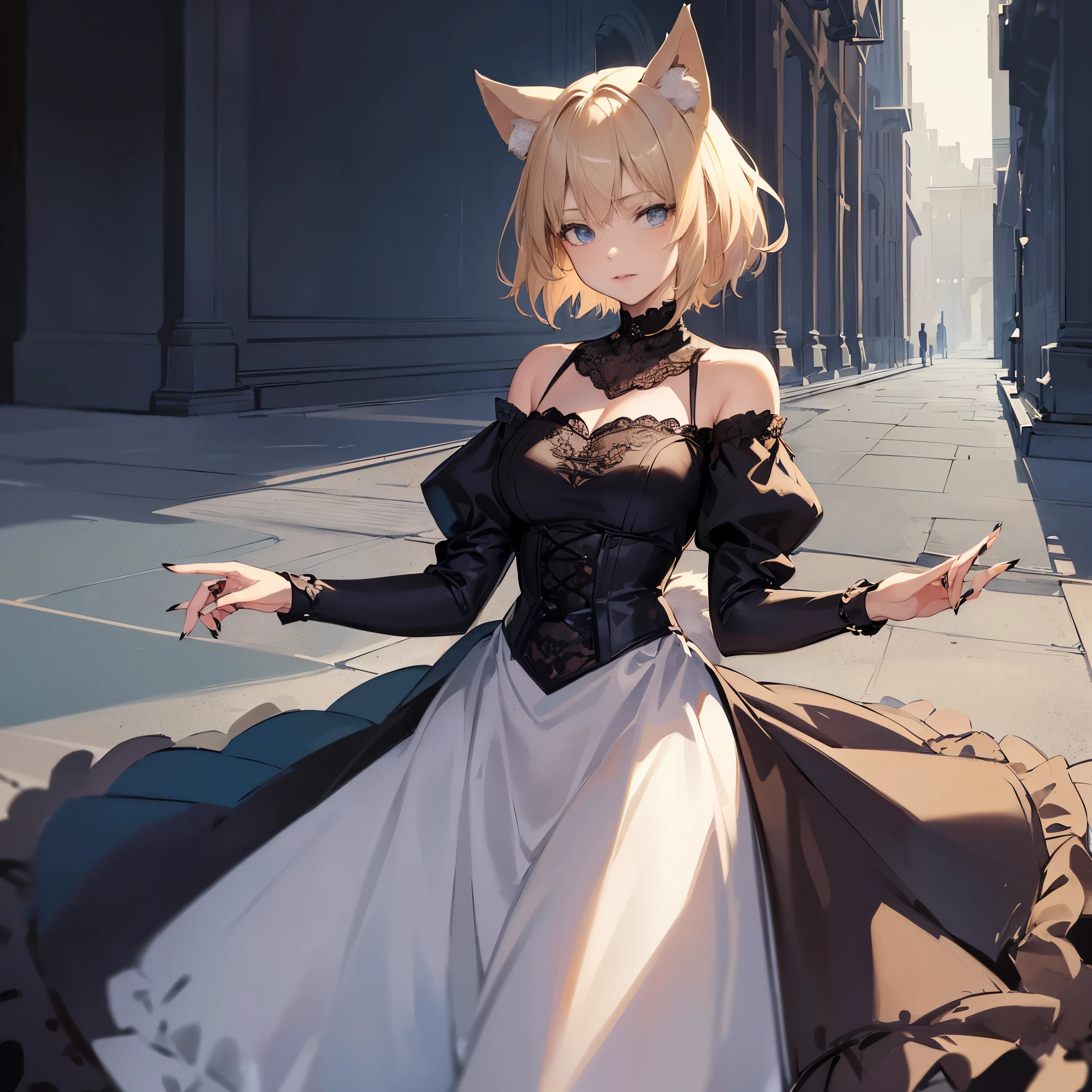 masterpiece, best quality, ultra-detailed, beautiful, 1girl, solo, wolf girl, wolf ears, wolf tail, blonde hair, short hair, fangs, blue eyes, vintage dress, sharp fingernails, black nails, standing, shoot from front, simple background, looking at viewer, (moe artstyle:1.2), (scribble lineart1.2), (messy lineart:1.2), (sketch:1.3),