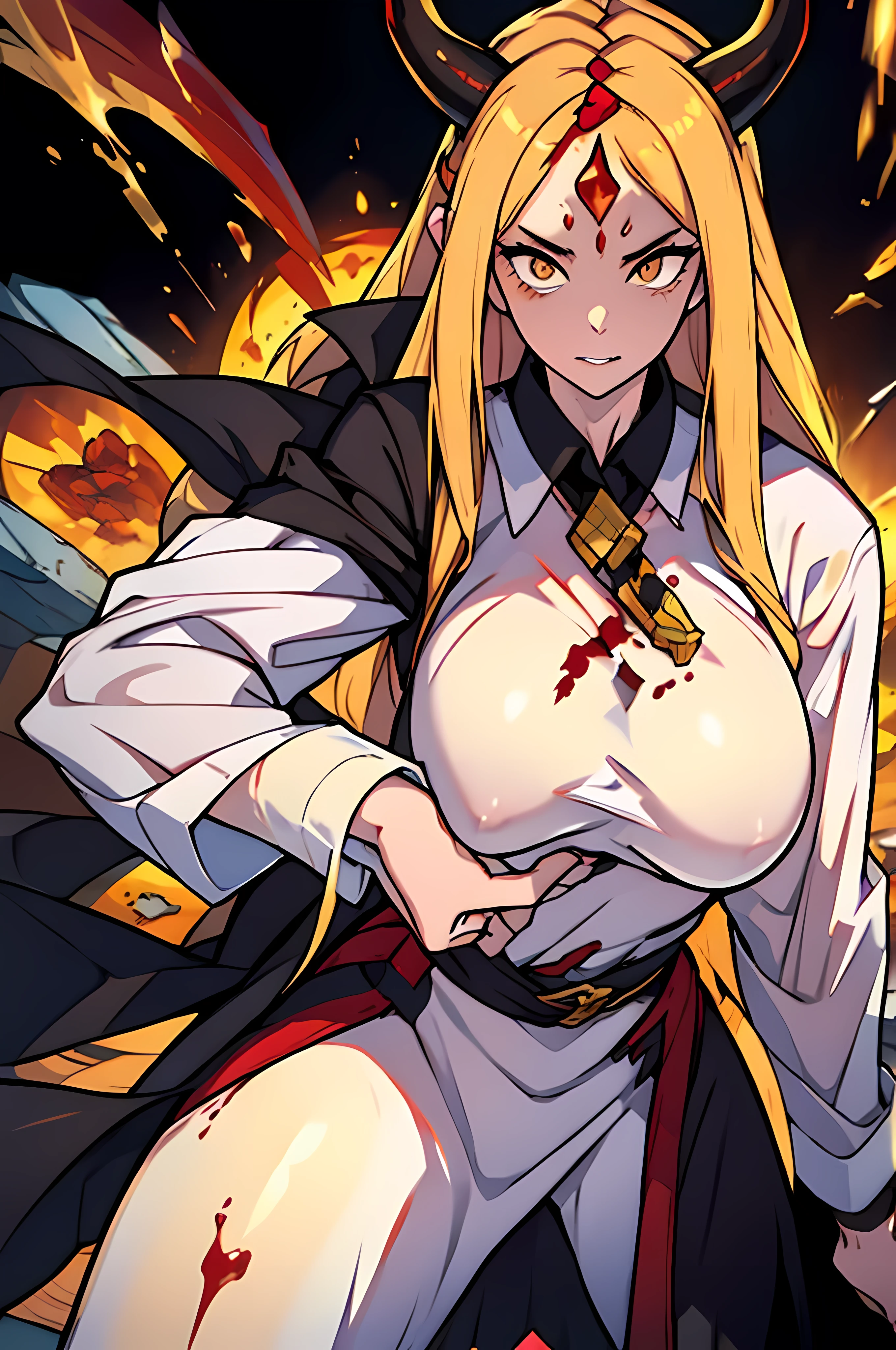 Power inhabits the body of an unknown woman or girl with long hair. Her hair color varies from blonde to pink, sometimes appearing dirty blonde or light brown. In the anime, it takes on a strawberry blonde hue. Her eyes form a cross pattern, with red and yellow irises. Sharp teeth and light red horns crown her head. Power typically no shirt, tie, and slacks required of Public Safety Devil Hunters. Her jacket hangs halfway off her body, giving her an untidy appearance. Fiend Form: When she accumulates too much blood, her horns grow larger and more curved. Additional pairs of horns sprout from the sides of her head. Breast enhance size, and her half-dressed jacket adds to her disheveled and sexual powerful look. Personality: Power is childish, greedy, and driven by self-interest. Her actions are often unpredictable, making her a wild card in any situation. Despite her chaotic nature, she forms unique bonds with fellow characters, revealing glimpses of vulnerability beneath her tough exterior. Abilities: Physical Abilities: As a Fiend, Power possesses enhanced strength, agility, and resilience. Devil Powers: She can make contracts with humans, consume blood for healing, and take over dead human bodies. Skillset: Her combat skills are formidable, especially when fueled by her unpredictable temperament.