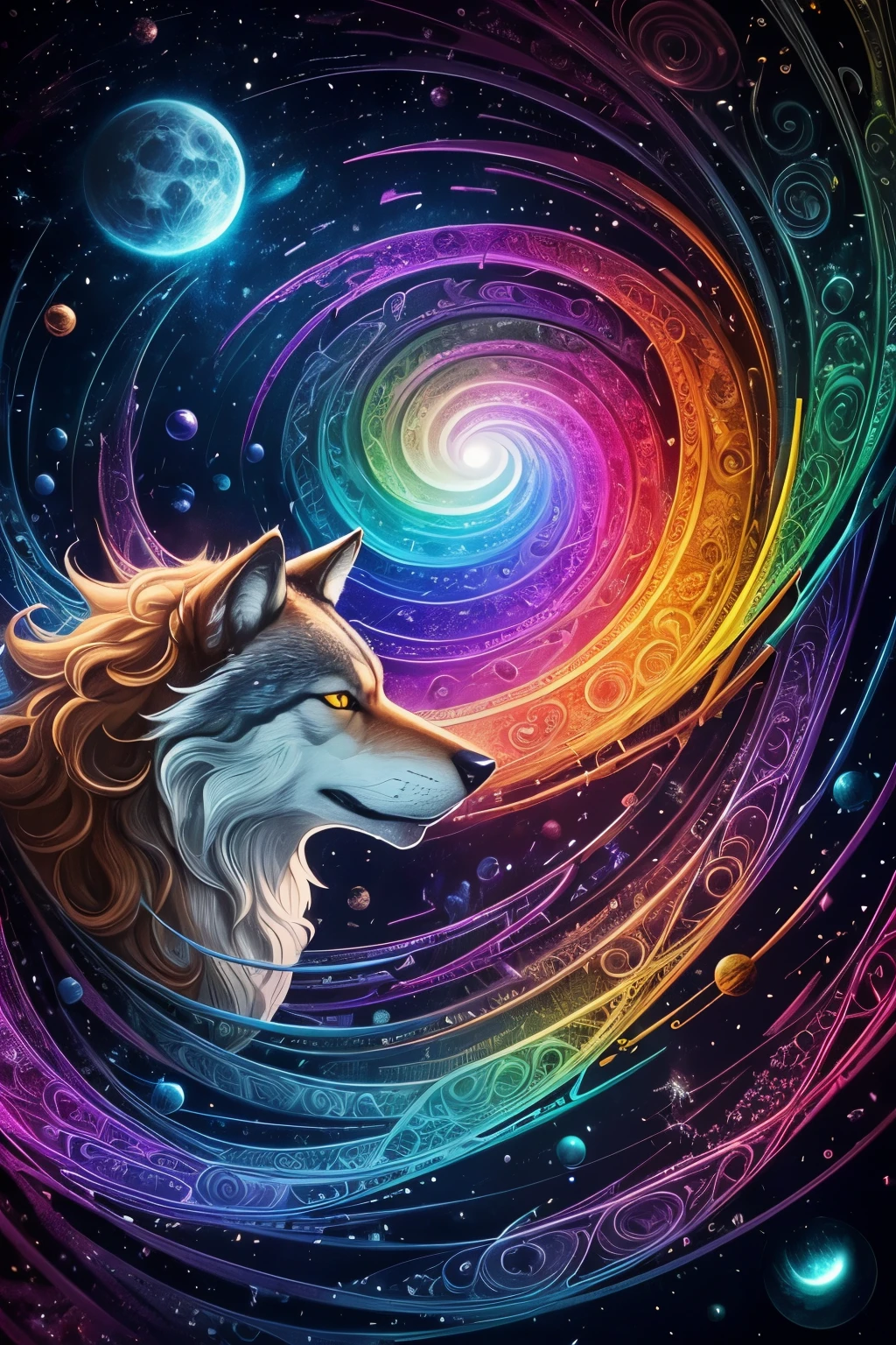 ((animal,Wolf,curly wavy rainbow)),白いWolf,美しいWolf,(highest quality,High resolution:1.2),super detailed,fine brush strokes,Colorful palette:No Rainbow,studio lighting,想像力豊かなWolf,beautifully decorated mane,sparkling eyes:2.2,Flowing mane and tail,bright and vibrant colors,Fantastic and magical atmosphere,Dreamy background with celestial bodies,Elaborate and intricate Zentangle patterns,dynamic,illusion of movement and depth,Mythical creatures and enchanting landscapes,magic light and shine,Explosion of bright colors and celestial bodies,Flowing swirling starry sky,Thick impasto strokes characteristic of Van Gogh,Starry sky swirl and paint swirl,(fantasy，hand-drawn style，like an illustration),(soft color palette，pop，fancy)