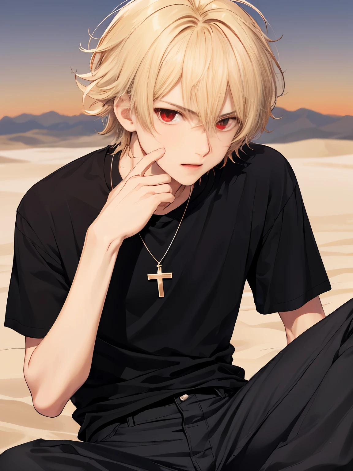 1 young man,solo,18 years old,In the desert, at night, sitting,close up photo,HD face,Focus on face,cross necklace,handsome,messy hair,Perfect face, detailed face, short hair, blonde hair,black t-shirt, black t-shirt,short sleeve t-shirt,black trousers, Long pants,red eyes,bright red eyes, vampire