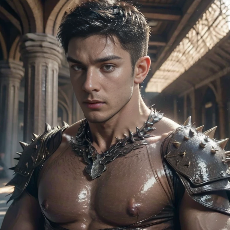 realistic, ((masterpiece)), ((best quality)), (detailed), cinematic, dynamic lighting, soft shadow, detailed background, professional photography, depth of field, intricate, detailed face, subsurface scattering, realistic hair, realistic eyes, muscular, manly, photo of a handsome man, spikyarmor, wearing spiky bodysuit, spikes, medieval, fantasy, shiny reflective metal, dynamic pose, fighting stance, black hair, (30 years old),
