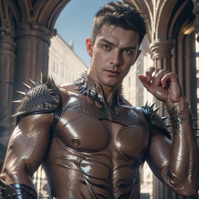 realistic, ((masterpiece)), ((best quality)), (detailed), cinematic, dynamic lighting, soft shadow, detailed background, professional photography, depth of field, intricate, detailed face, subsurface scattering, realistic hair, realistic eyes, muscular, manly, photo of a handsome man, spikyarmor, wearing spiky bodysuit, spikes, medieval, fantasy, shiny reflective metal, dynamic pose, fighting stance, black hair, (30 years old),
