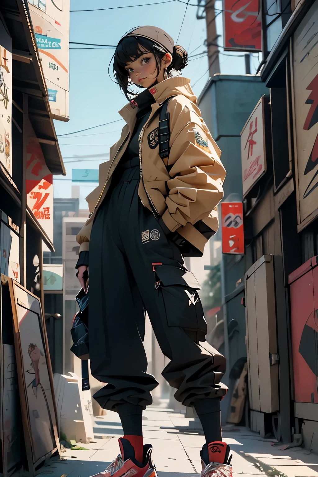 constructivist style a girl in an urban scene, wearing loose sports fashion and long pants, in the style of anime-inspired character designs, cyberpunk realism, chen zhen, realism, traditional techniques reimagined, nightcore. geometric shapes, bold colors, dynamic composition, propaganda art style