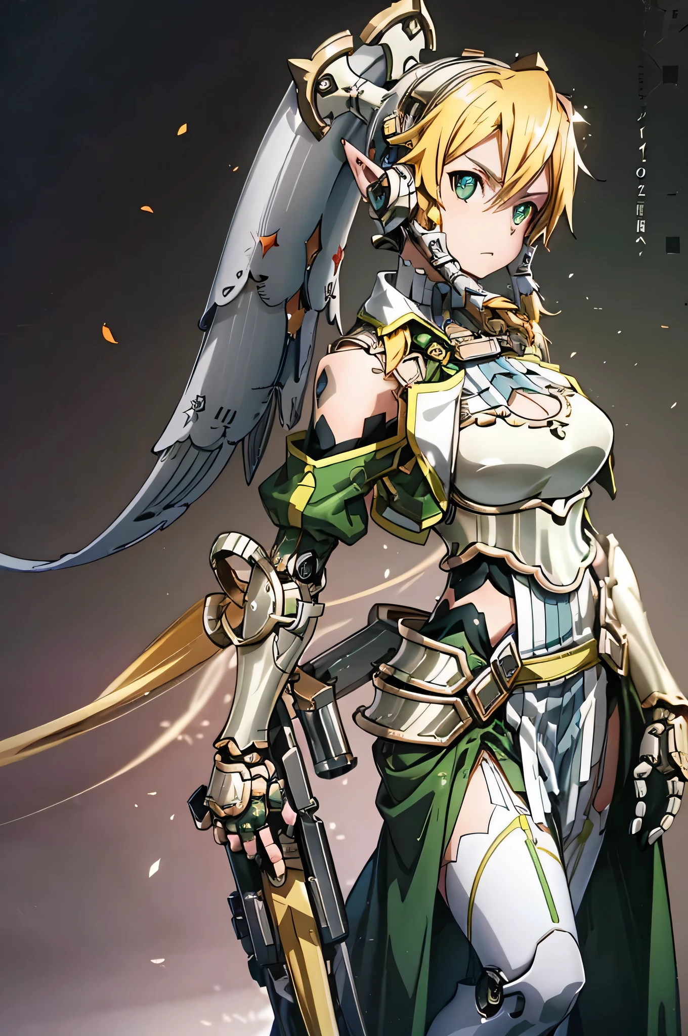 (((highest quality)))、(((unity 8k wallpaper)))、(((32K)))、(((masterpiece)))、(((Super detailed)))、(((ultra high resolution)))、(((ultra high resolution)))、(((cyborg reefer)))、(((a mecha girl)))、(((robot girl))、((Onion-colored and yellow mold dress-type armor、mechanical limbs、mecha musume、mechanical parts、複雑に表現されたスーパーrobot joints、robot joints、robot fingertips、single mechanical arm、mechanical arm、elf ears headset、Complex mechanical bodies、Mechanical waist covered with dense armor、Realistic and complex camera eye:1.5))、A complex fusion of body and machine、The legs are covered with green and yellow armor、Beautiful legs with mechanical knee joints wrapped in sock-like armor、mechanical fingers、Eyes like a mechanical camera、anatomically accurate machine、Covered in light purple and yellow armor、very beautiful face、beautiful posture、upright、blonde long ponytail hairstyle、