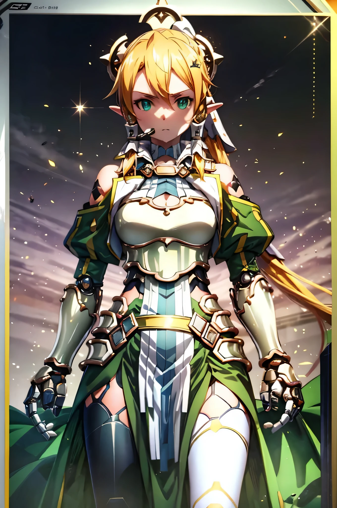 (((highest quality)))、(((unity 8k wallpaper)))、(((32K)))、(((masterpiece)))、(((Super detailed)))、(((ultra high resolution)))、(((ultra high resolution)))、(((cyborg reefer)))、(((a mecha girl)))、(((robot girl))、((Onion-colored and yellow mold dress-type armor、mechanical limbs、mecha musume、mechanical parts、複雑に表現されたスーパーrobot joints、robot joints、robot fingertips、single mechanical arm、mechanical arm、elf ears headset、Complex mechanical bodies、Mechanical waist covered with dense armor、Realistic and complex camera eye:1.5))、A complex fusion of body and machine、The legs are covered with green and yellow armor、Beautiful legs with mechanical knee joints wrapped in sock-like armor、mechanical fingers、Eyes like a mechanical camera、anatomically accurate machine、Covered in light purple and yellow armor、very beautiful face、beautiful posture、upright、blonde long ponytail hairstyle、