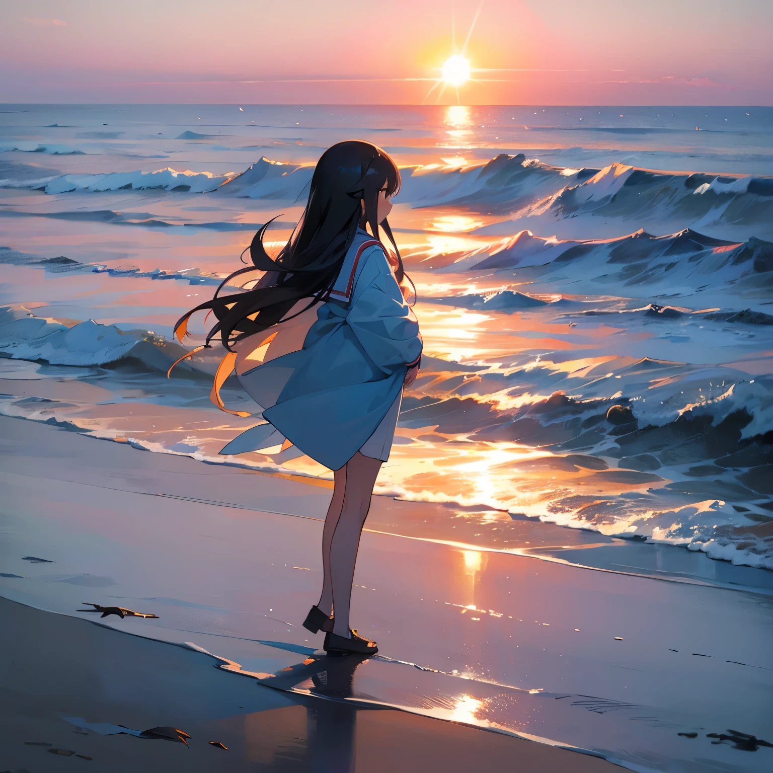 Anime girl standing on the beach at sunset with her hair blowing in the ...