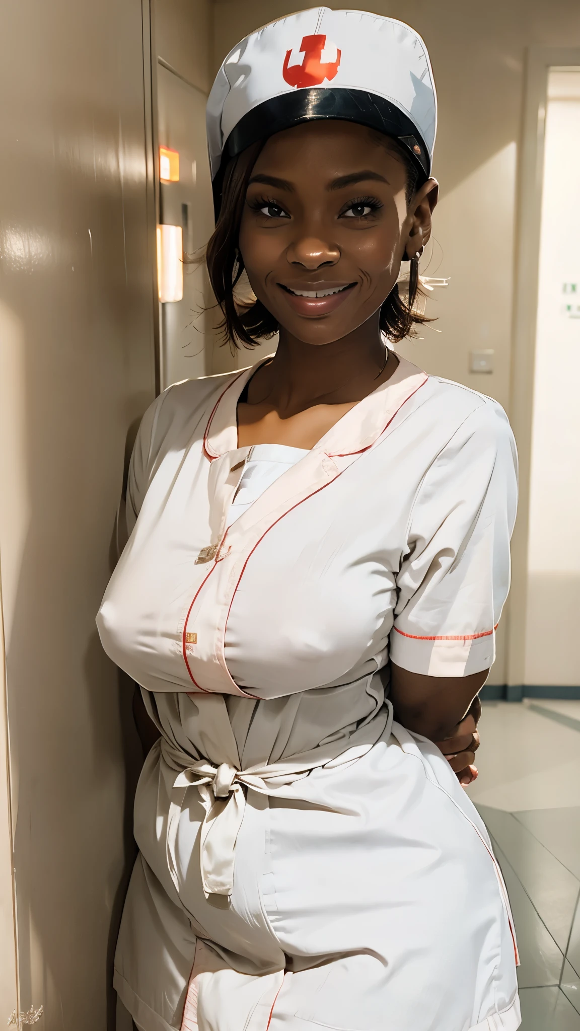 1lady solo nurse, /(nurse uniform cap/), /(short hair/), blush kind smile, (masterpiece best quality:1.3) delicate illustration ultra-detailed , large breasts BREAK /(hospital hallway/)