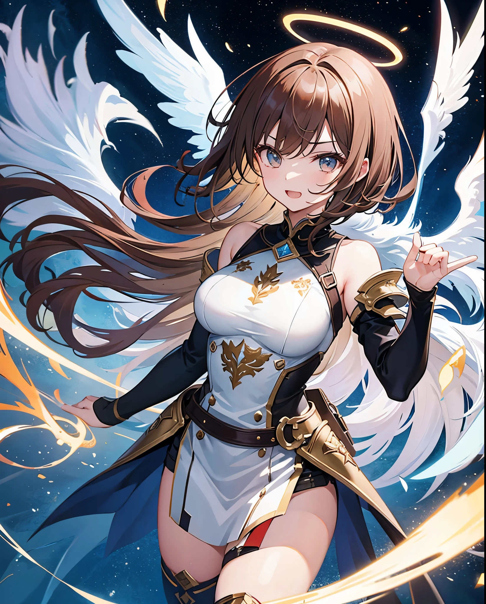 fantasy, 1angel_girl,, ,brown_hair, medium_bob_hair, long_bangs, halo,bare_shoulder,thighhighs,silver_armor, waist_armor, large_breasts,angry,grinning,open_mouth_teeth, 1pair_wings, dynamic_pose_fighting,floating, bare_crotch, headgear,gauntlet, greaves,city_sky_background,slightly_spread_legs, solo, groin_naked,